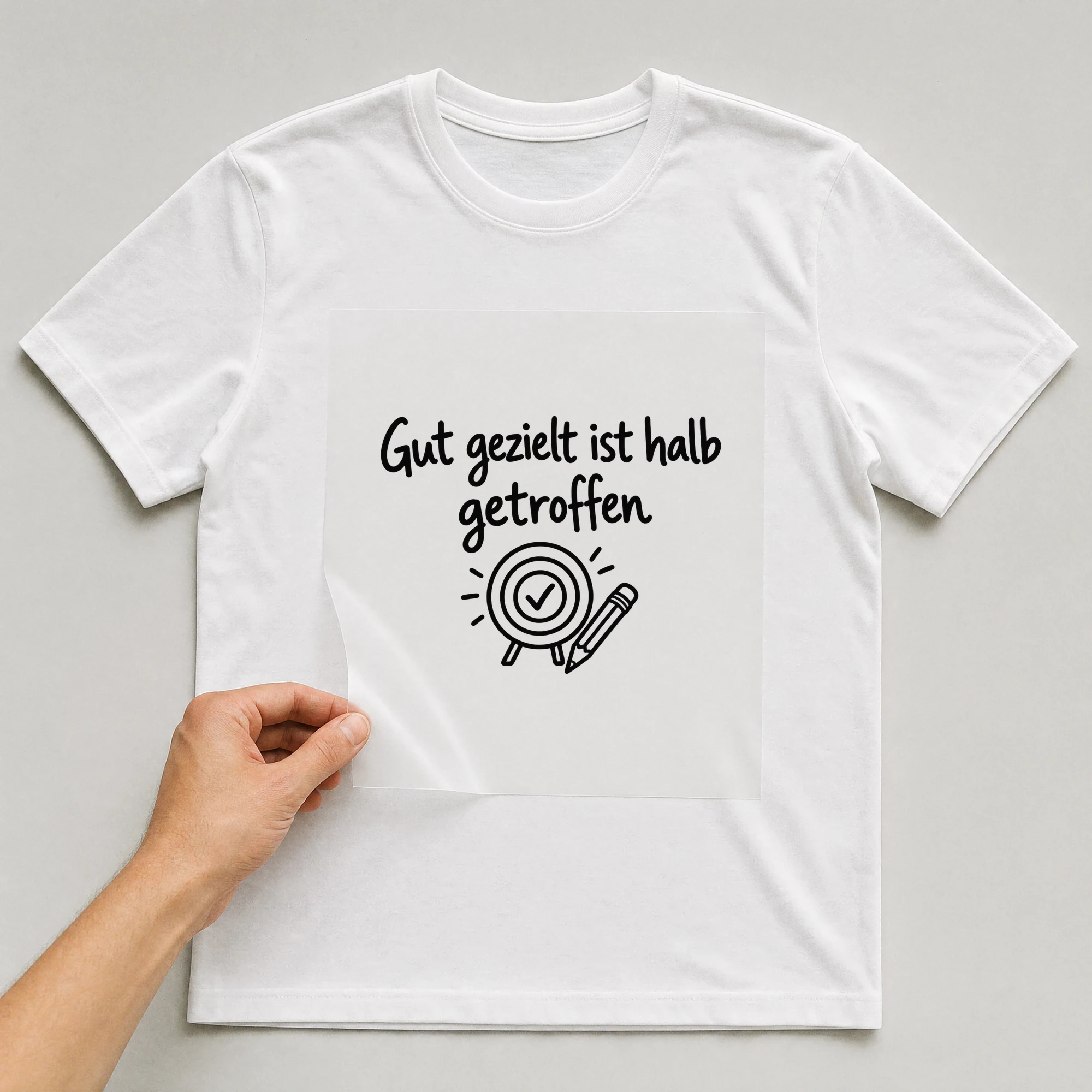 Bügelbild „Gut gezielt ist halb getroffen“ auf weißem T-Shirt, Folie wird aufgelegt