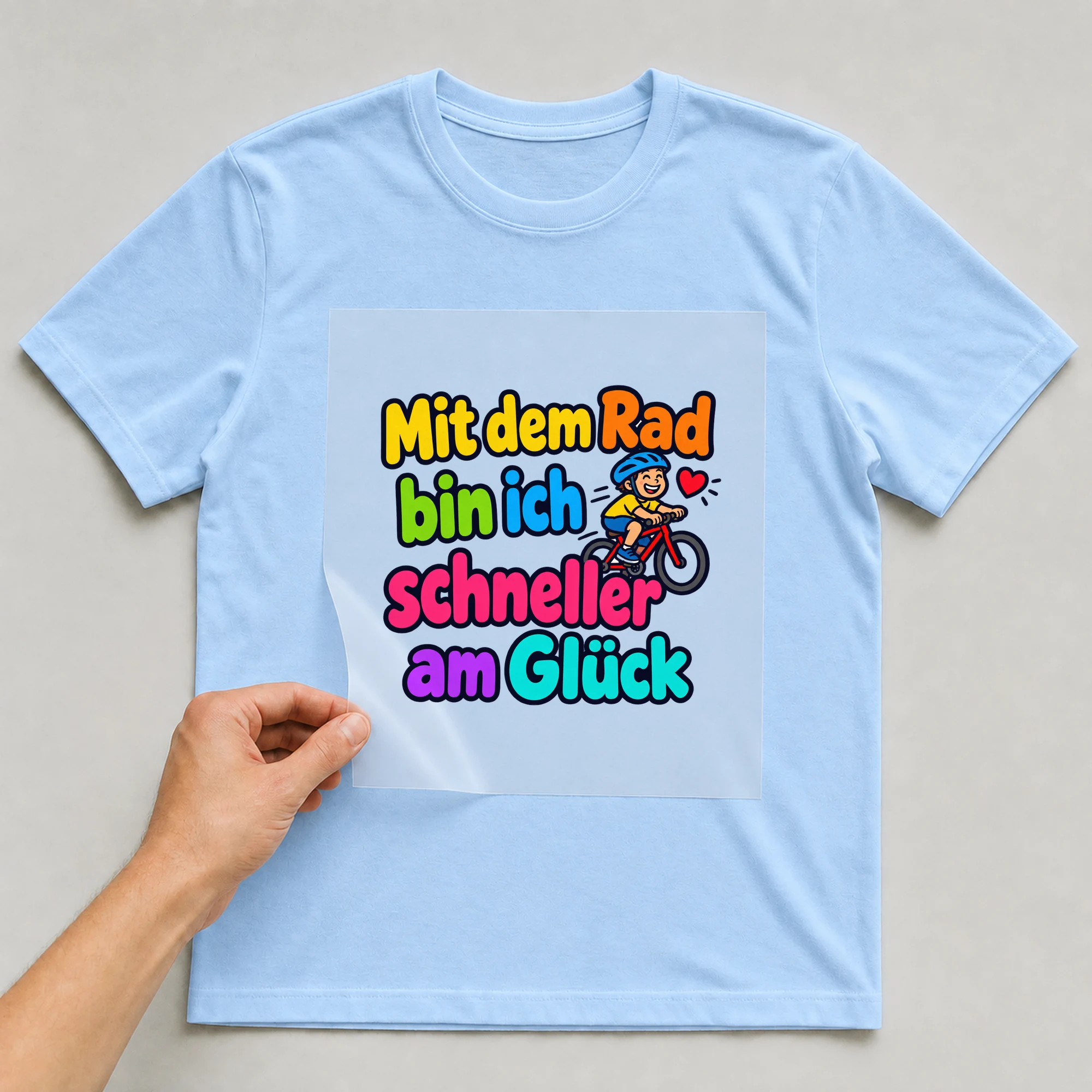 Bügelbild „Mit dem Rad bin ich schneller am Glück“ auf babyblauem T-Shirt, Folie wird aufgelegt