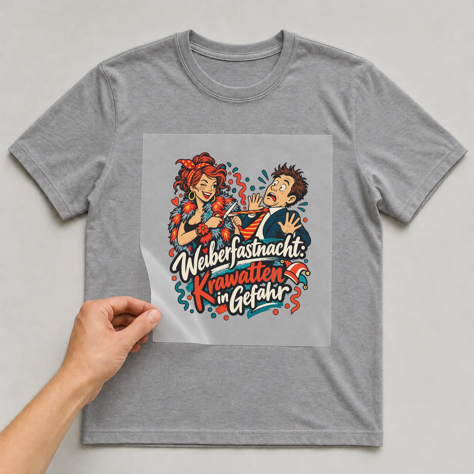 Bügelbild Weiberfastnacht: Krawatten in Gefahr auf grauem T-Shirt, Folie wird aufgelegt