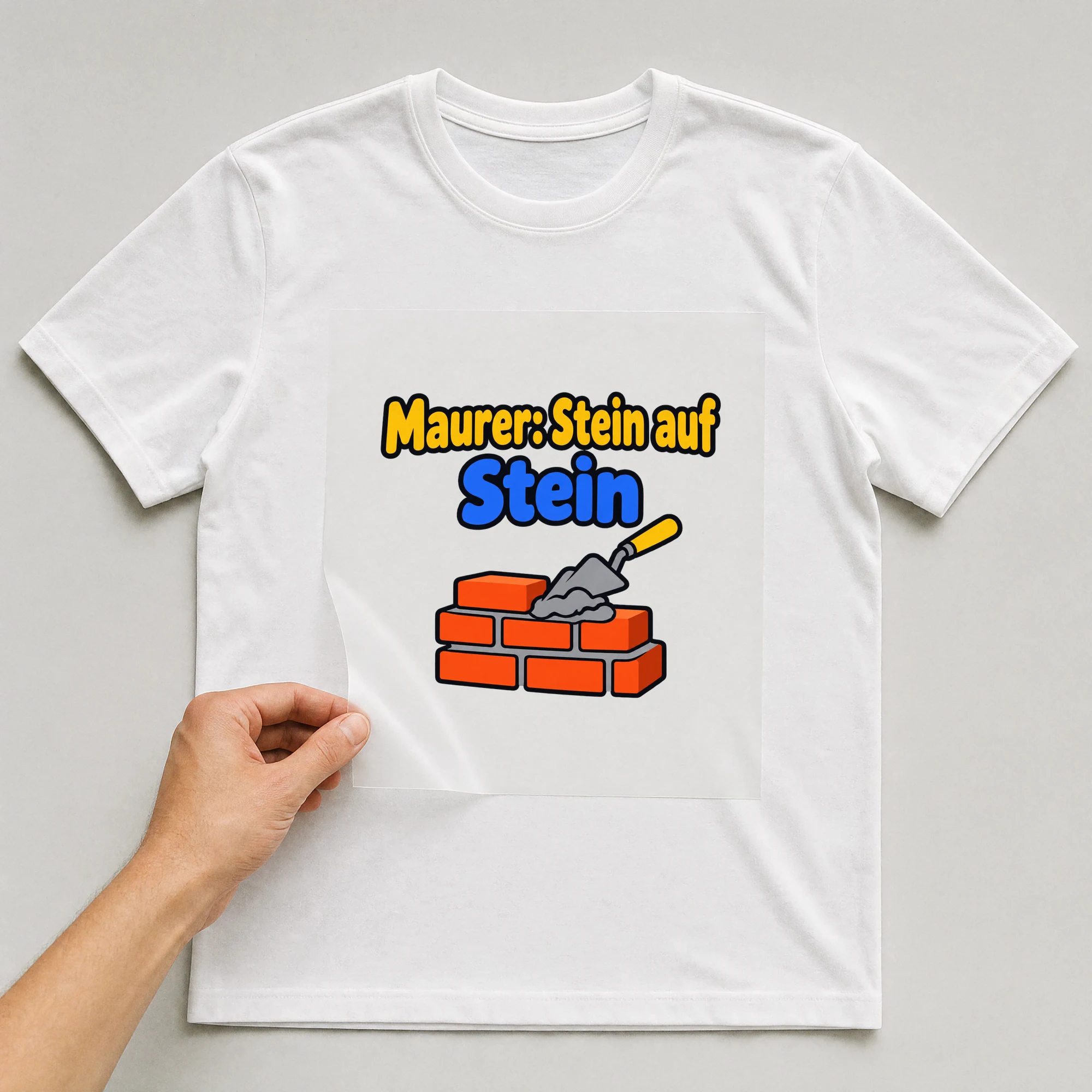 Bügelbild „Maurer: Stein auf Stein“ auf weißem T-Shirt, Folie wird aufgelegt