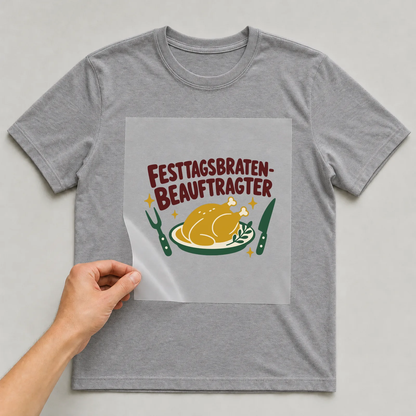 Bügelbild Festtagsbraten-Beauftragter auf grauem T-Shirt, Folie wird aufgelegt