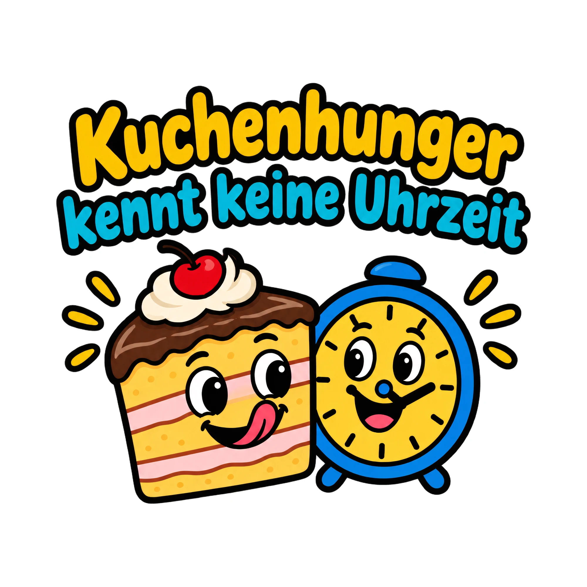 Bügelbild Kuchenhunger kennt keine Uhrzeit als Grafik auf weißem Hintergrund (BB019616)