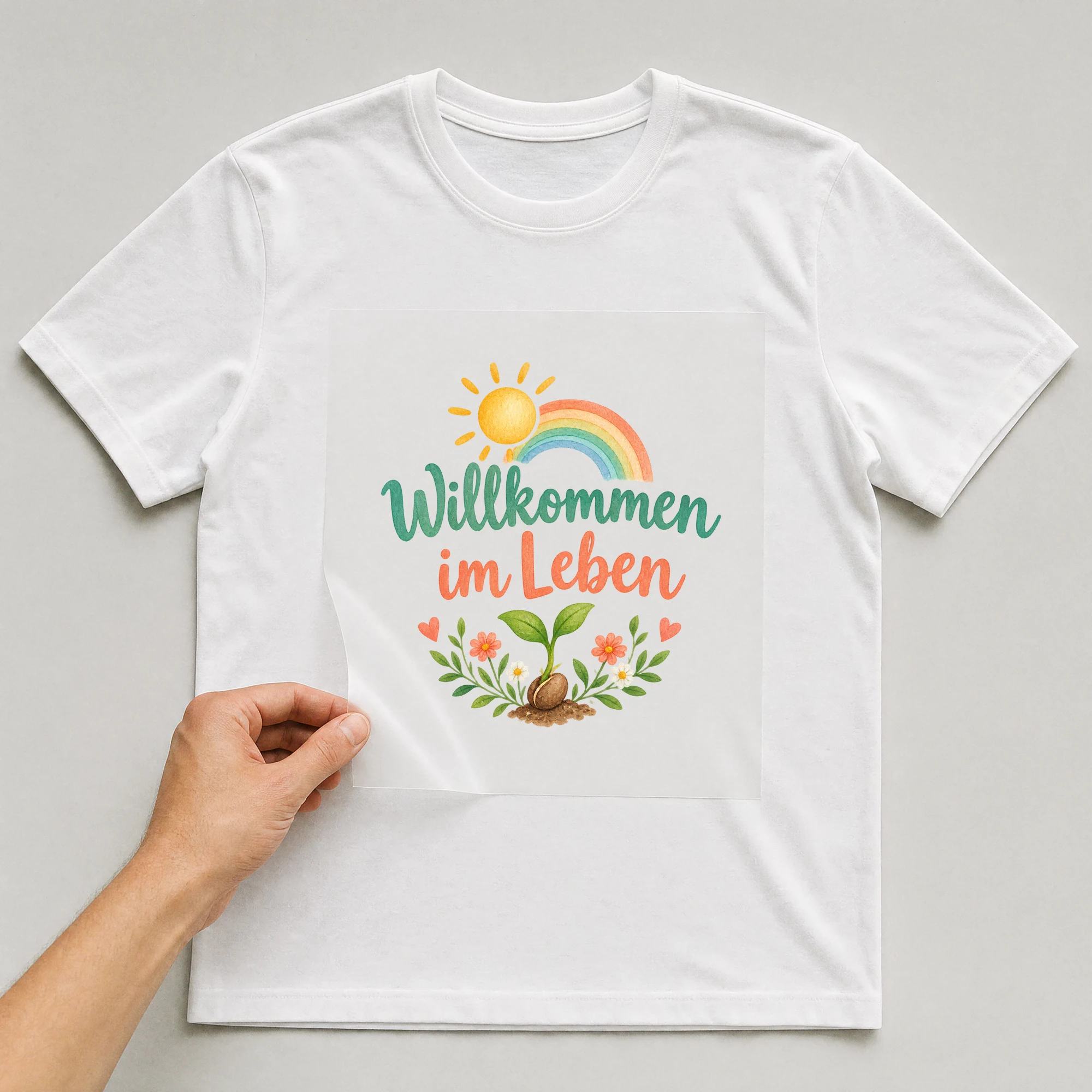 Bügelbild „Willkommen im Leben“ auf weißem T-Shirt, Folie wird aufgelegt
