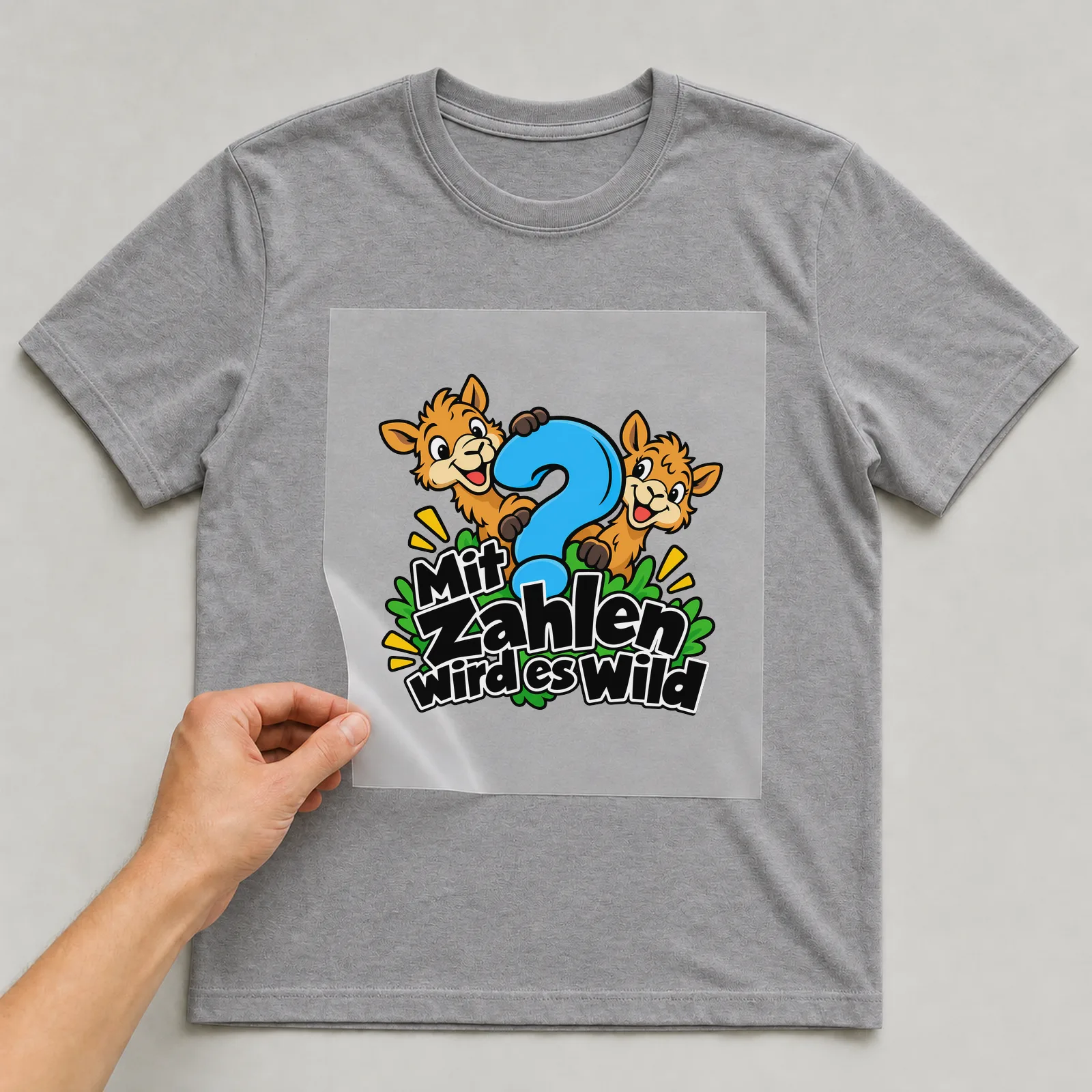 Bügelbild „Mit Zahlen wird es wild“ auf grauem T-Shirt, Folie wird aufgelegt