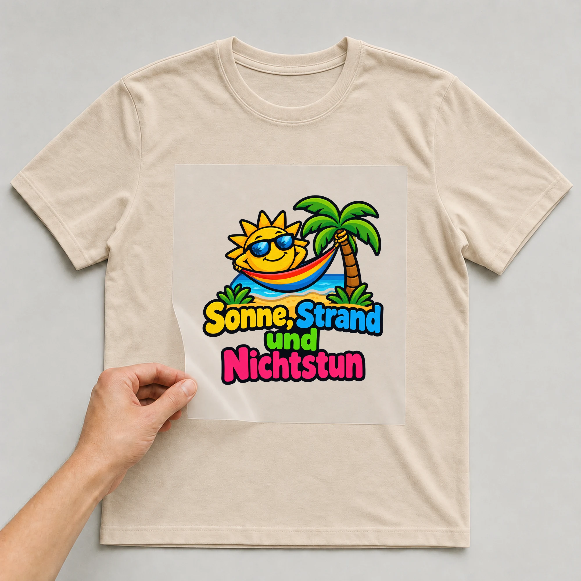 Bügelbild „Sonne strand und nichtstun“ auf beigem T-Shirt, Folie wird aufgelegt