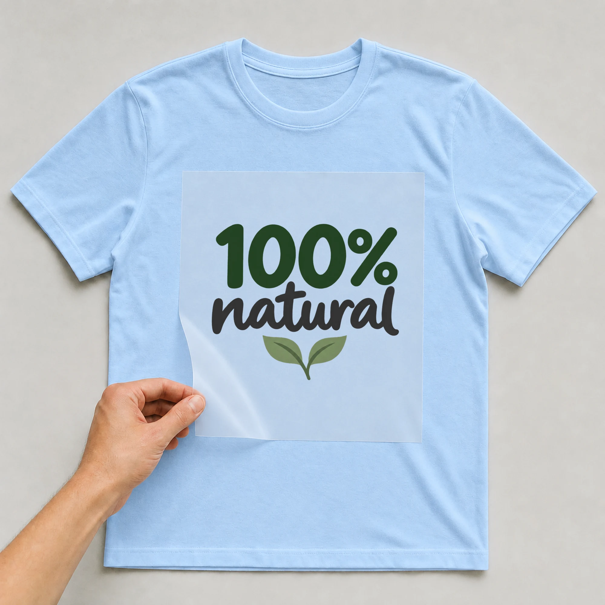 Bügelbild „100% natural“ auf babyblauem T-Shirt, Folie wird aufgelegt