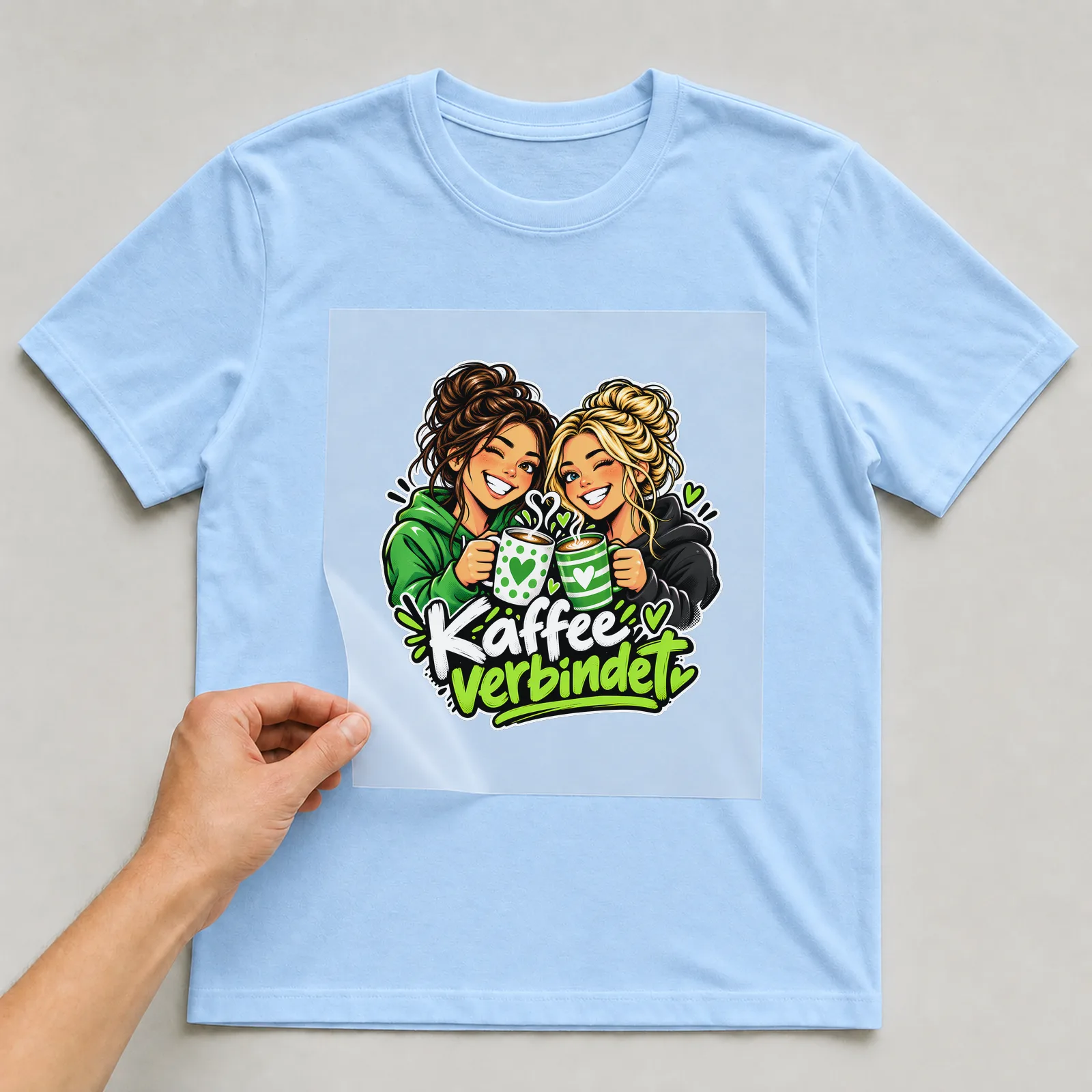 Bügelbild „Kaffee verbindet“ (Street-Sticker-Stil) auf hellblauem T-Shirt, Folie wird aufgelegt