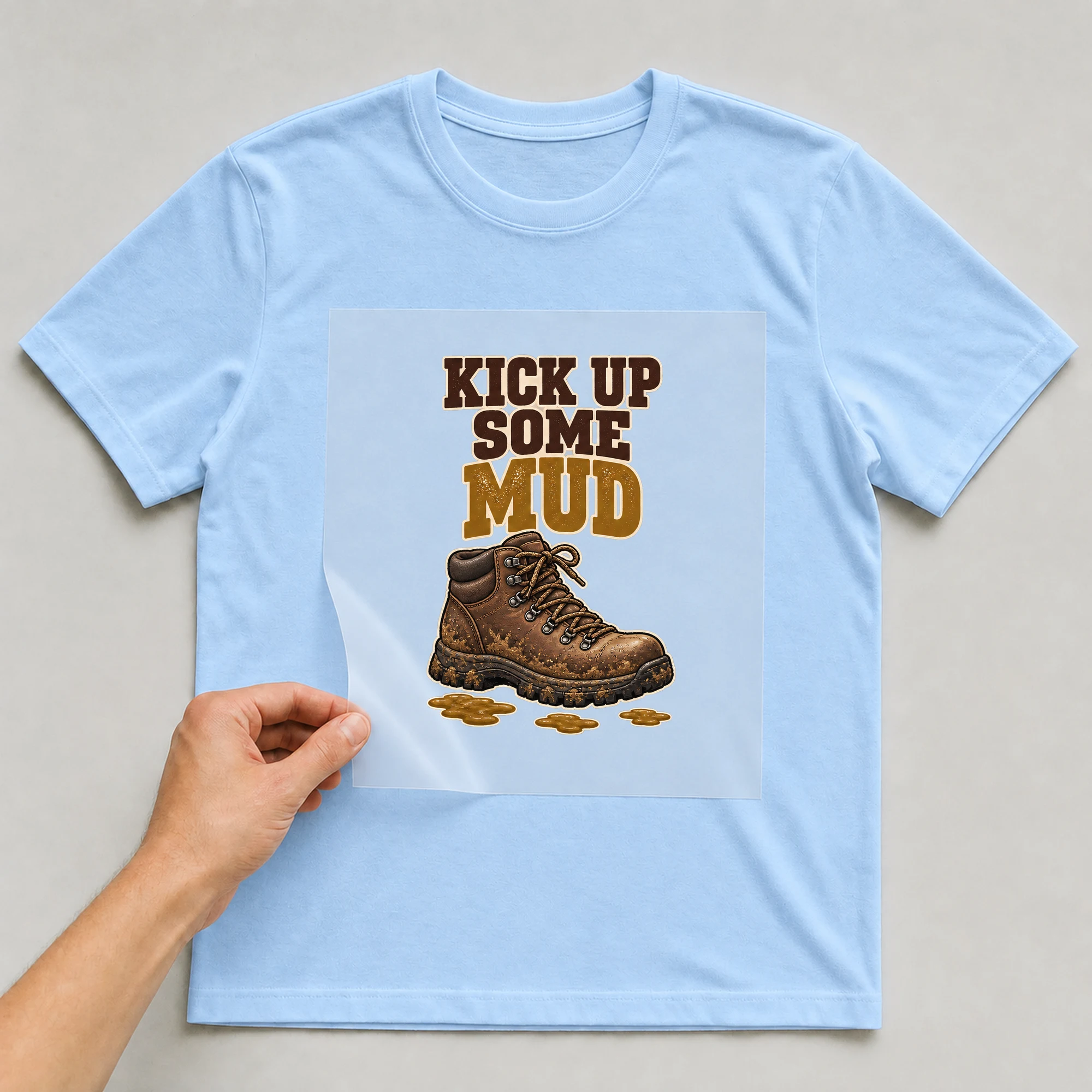 Bügelbild „KICK UP SOME MUD“ auf babyblauem T-Shirt, Folie wird aufgelegt