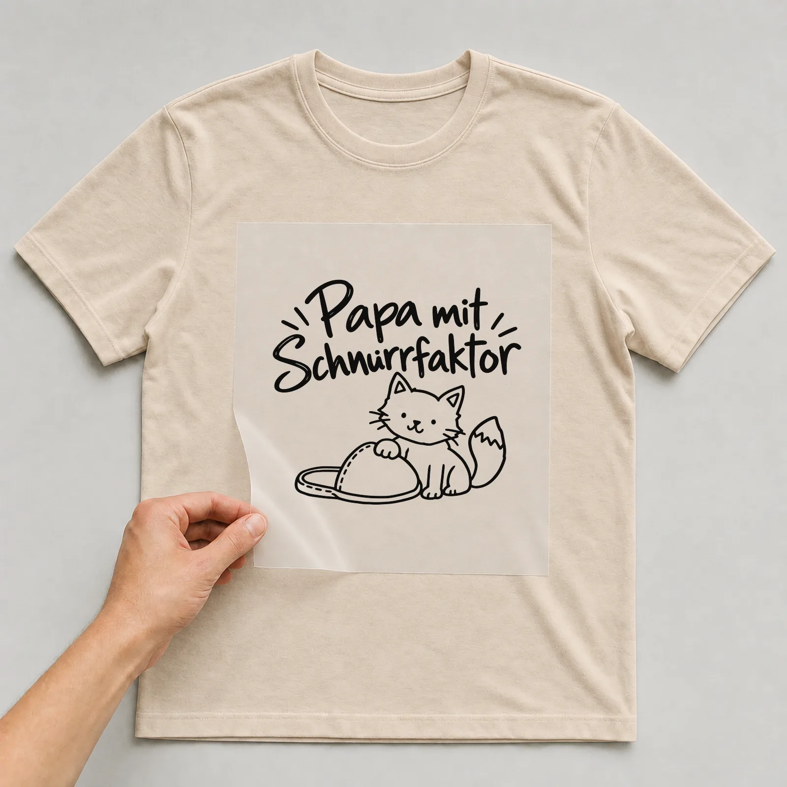 Bügelbild „Papa mit Schnurrfaktor“ auf beigem T-Shirt, Folie wird aufgelegt