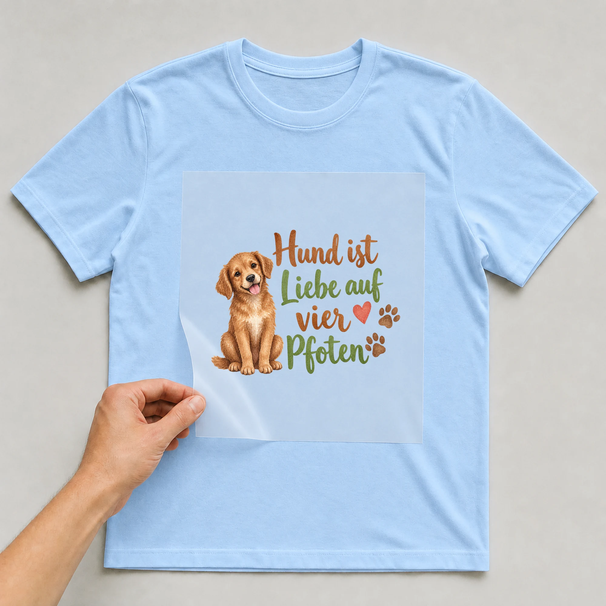 Bügelbild „Hund ist Liebe auf vier Pfoten“ auf babyblauem T-Shirt, Folie wird aufgelegt