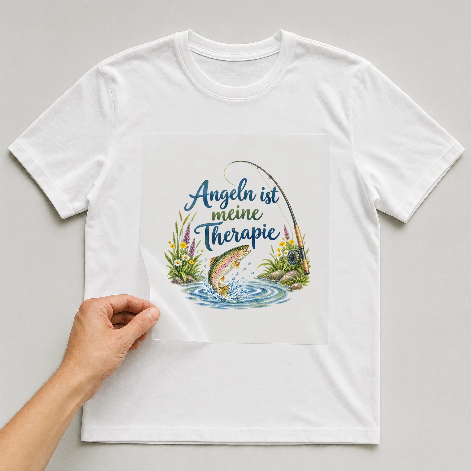 Bügelbild „Angeln ist meine Therapie“ auf weißem T-Shirt, Folie wird aufgelegt