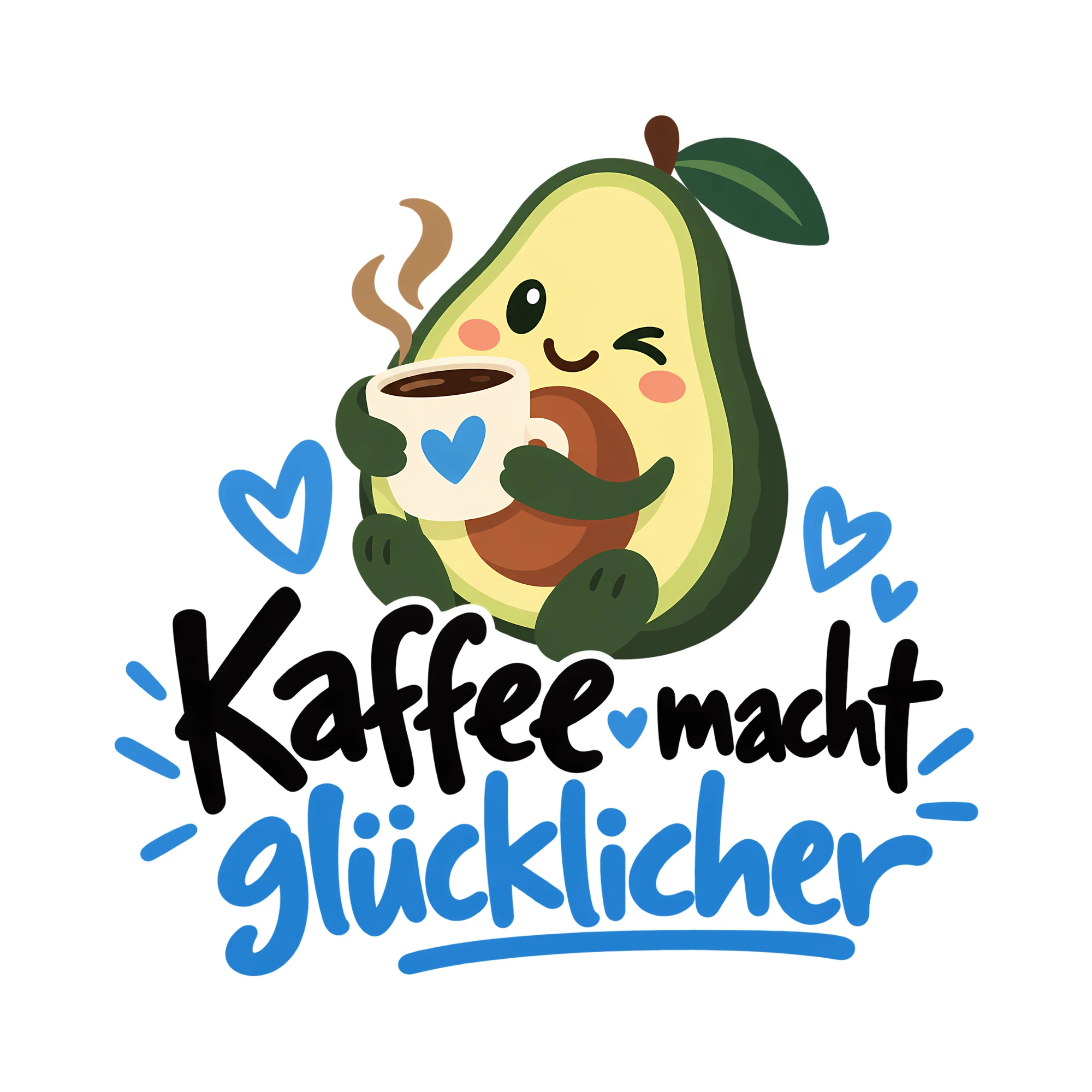 Bügelbild Kaffee macht glücklicher als Grafik auf weißem Hintergrund (BB012088)