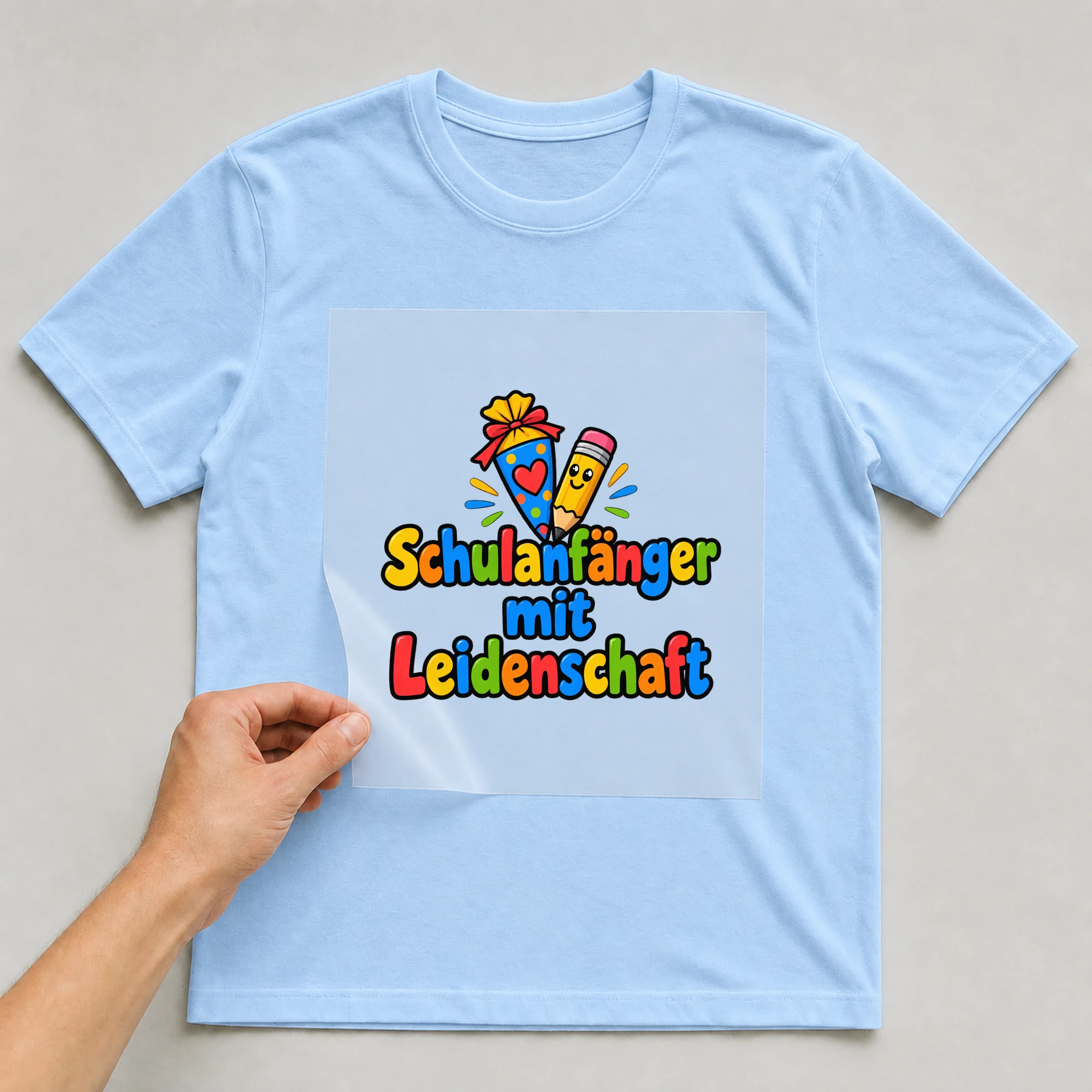 Bügelbild „Schulanfaenger mit leidenschaft“ auf babyblauem T-Shirt, Folie wird aufgelegt