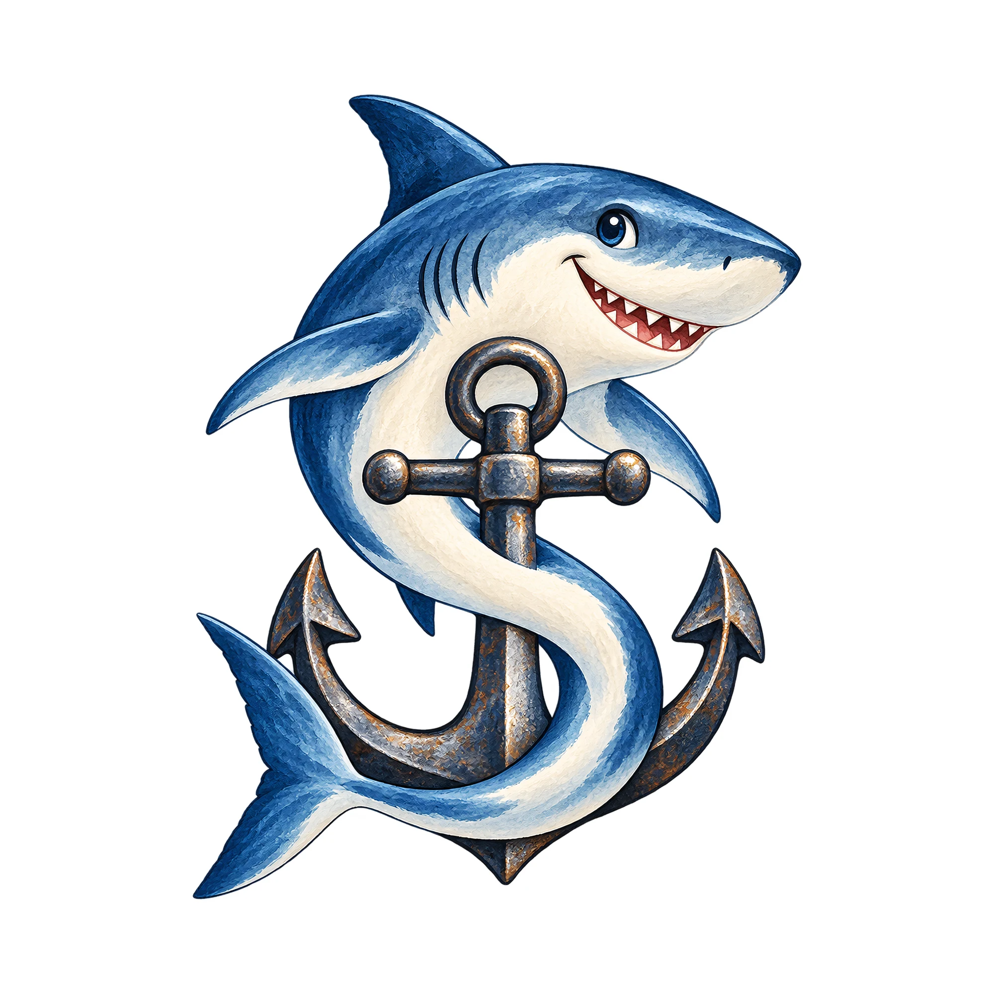 Bügelbild Shark and Anchor, Lustiger Shirt Motiv als Grafik auf weißem Hintergrund (BB015359)