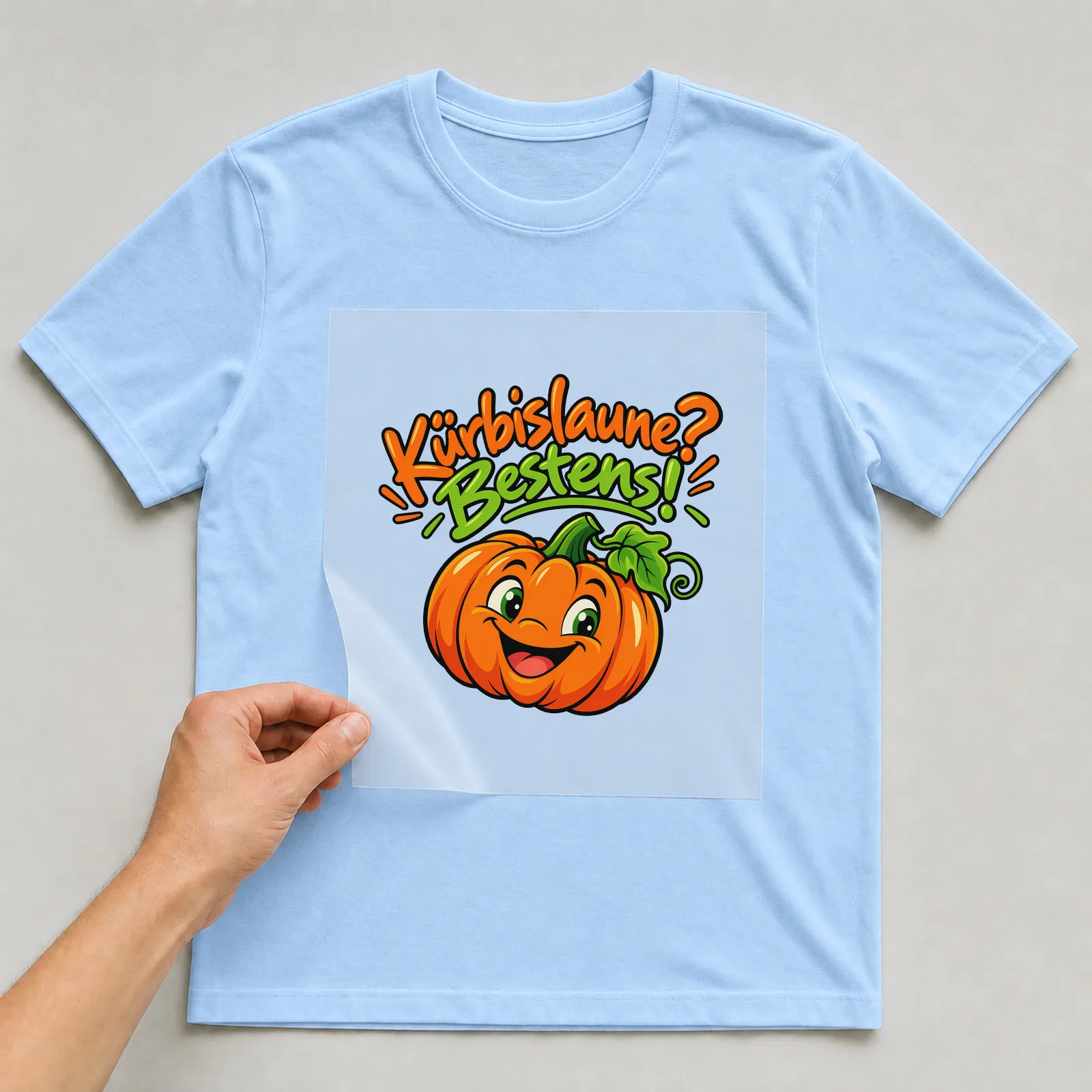 Bügelbild „Kürbislaune? Bestens!“ auf hellblauem T-Shirt, Folie wird aufgelegt