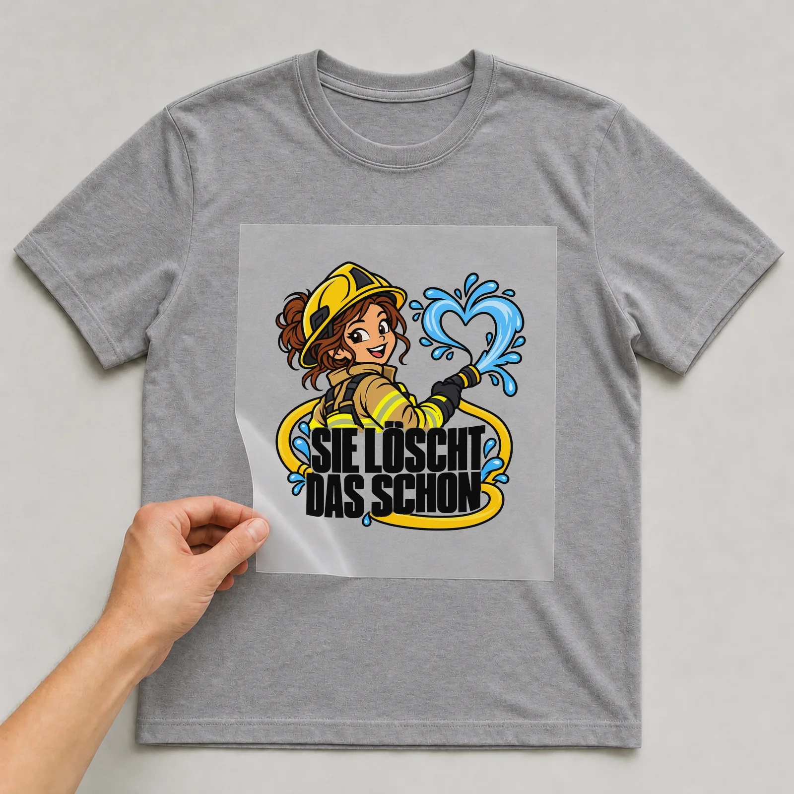 Bügelbild „Sie löscht das schon“ auf grauem T-Shirt, Folie wird aufgelegt