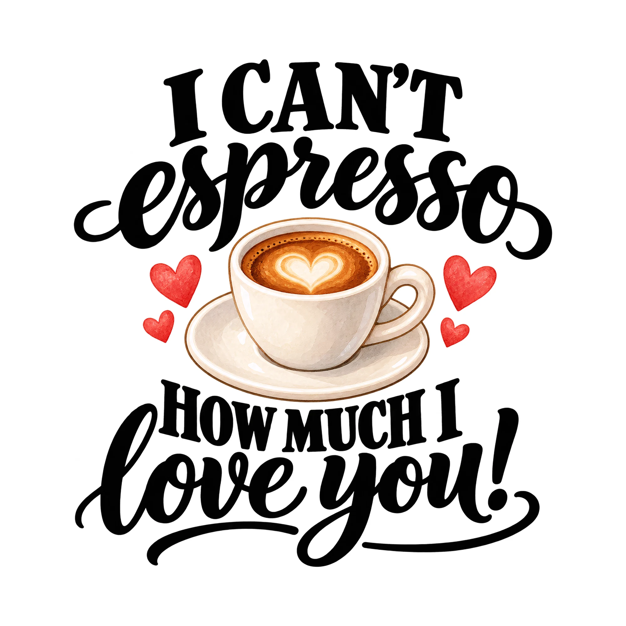 Bügelbild I Can't Espresso How Much I Love You!, Küchen Spruch Bügelbild als Grafik auf weißem Hintergrund (BB015096)