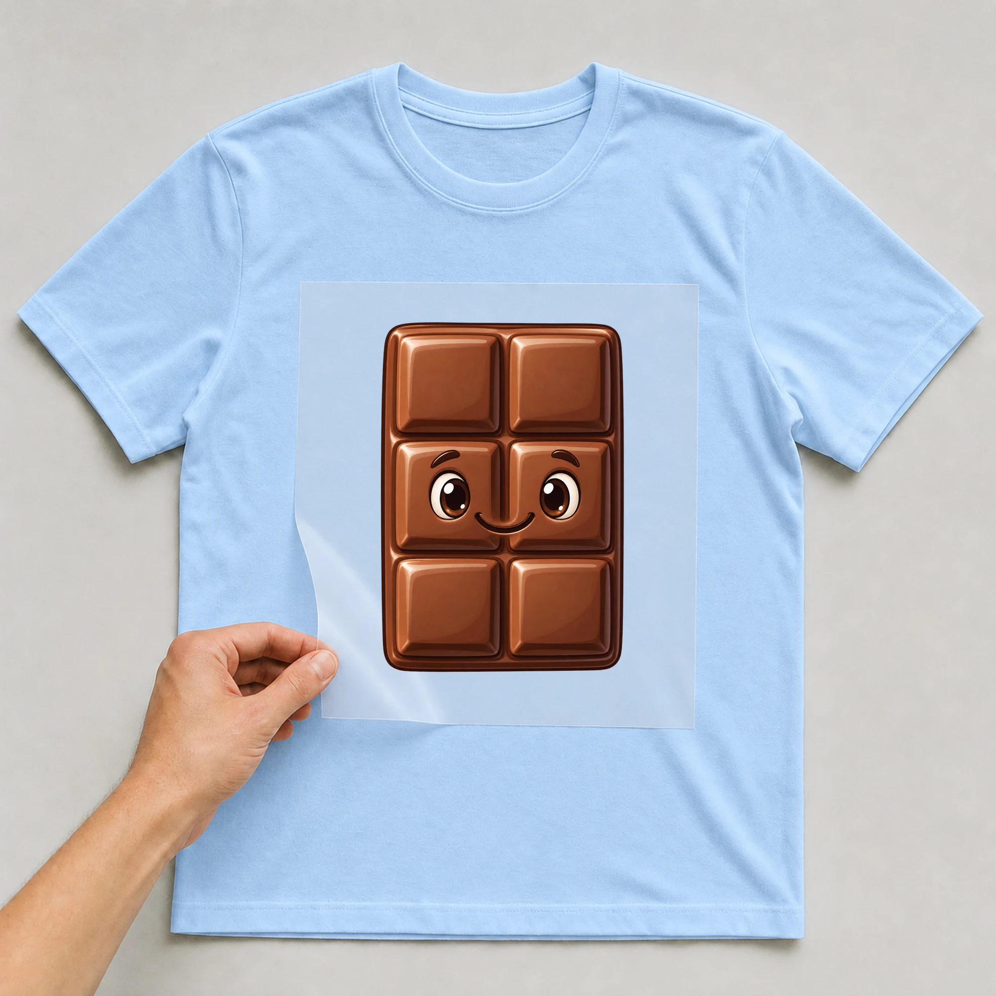 Bügelbild „Schokolade“ auf babyblauem T-Shirt, Folie wird aufgelegt