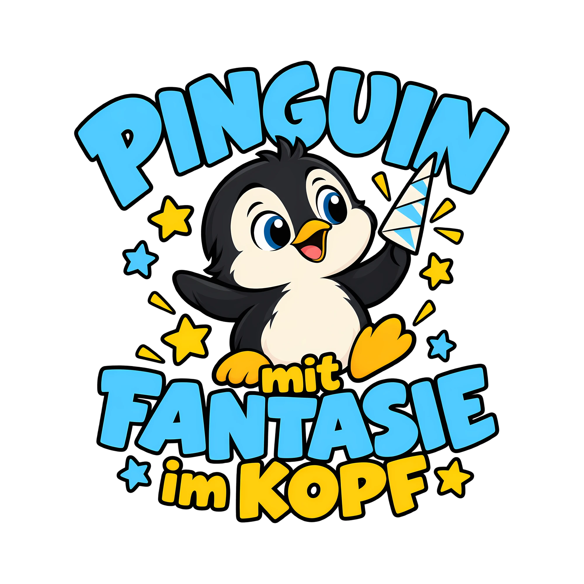Bügelbild Pinguin mit Fantasie im Kopf als Grafik auf weißem Hintergrund (BB013073)