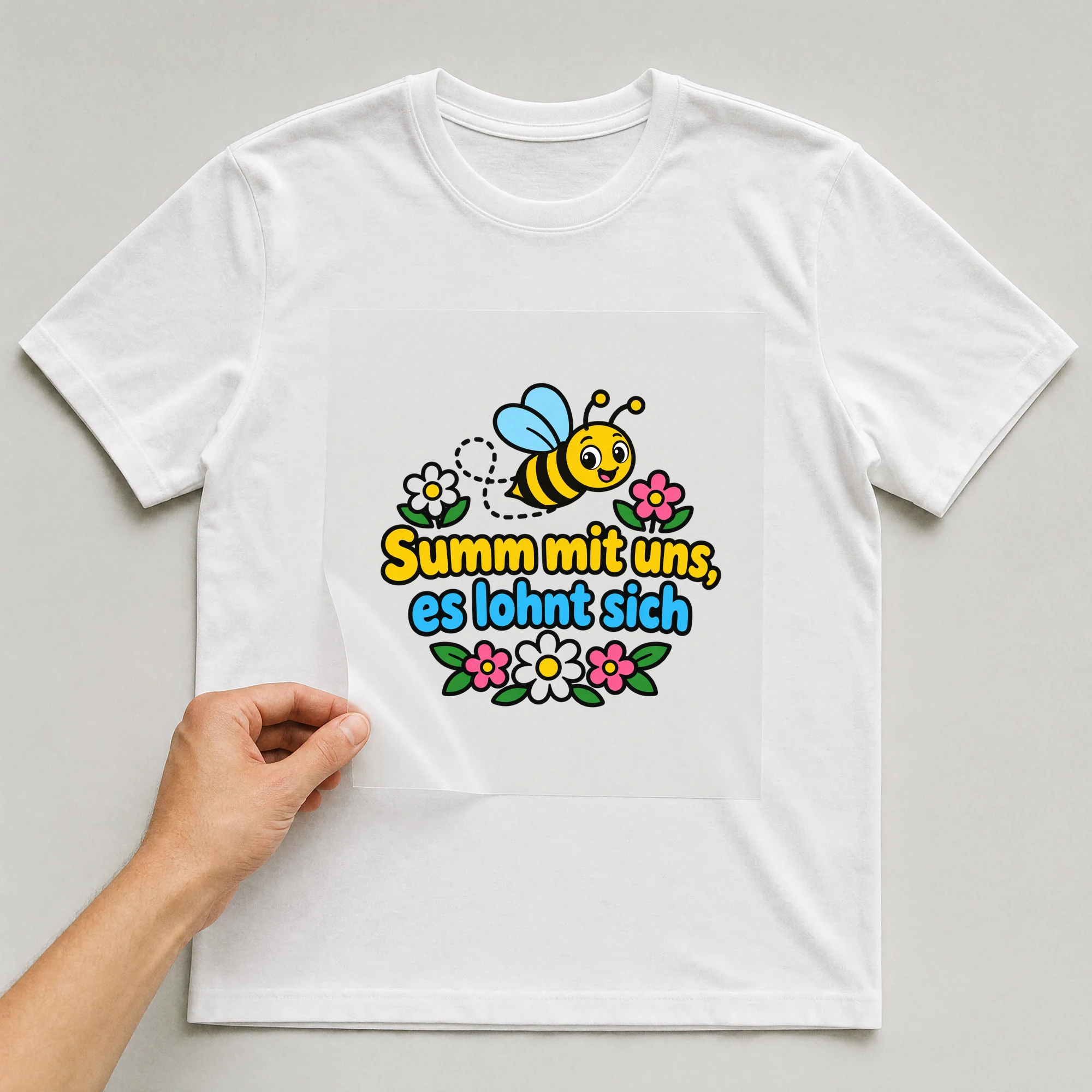 Bügelbild „Summ mit uns, es lohnt sich“ auf weißem T-Shirt, Folie wird aufgelegt