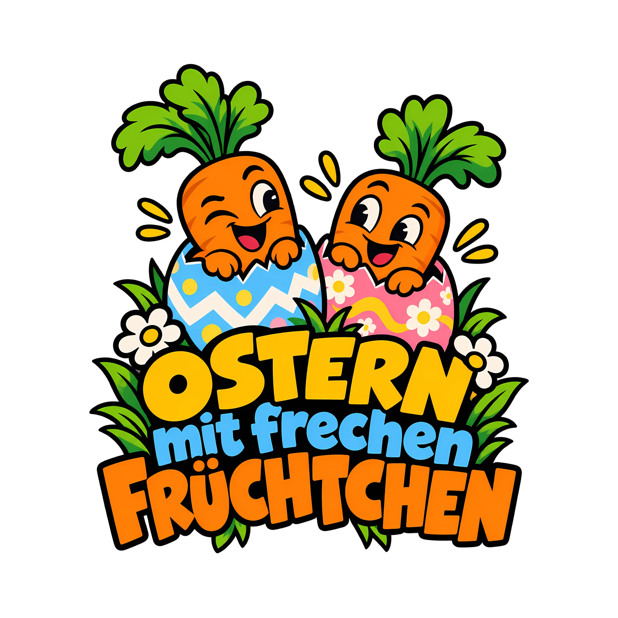 Bügelbild Ostern mit frechen Früchtchen als Grafik auf weißem Hintergrund (BB013338)