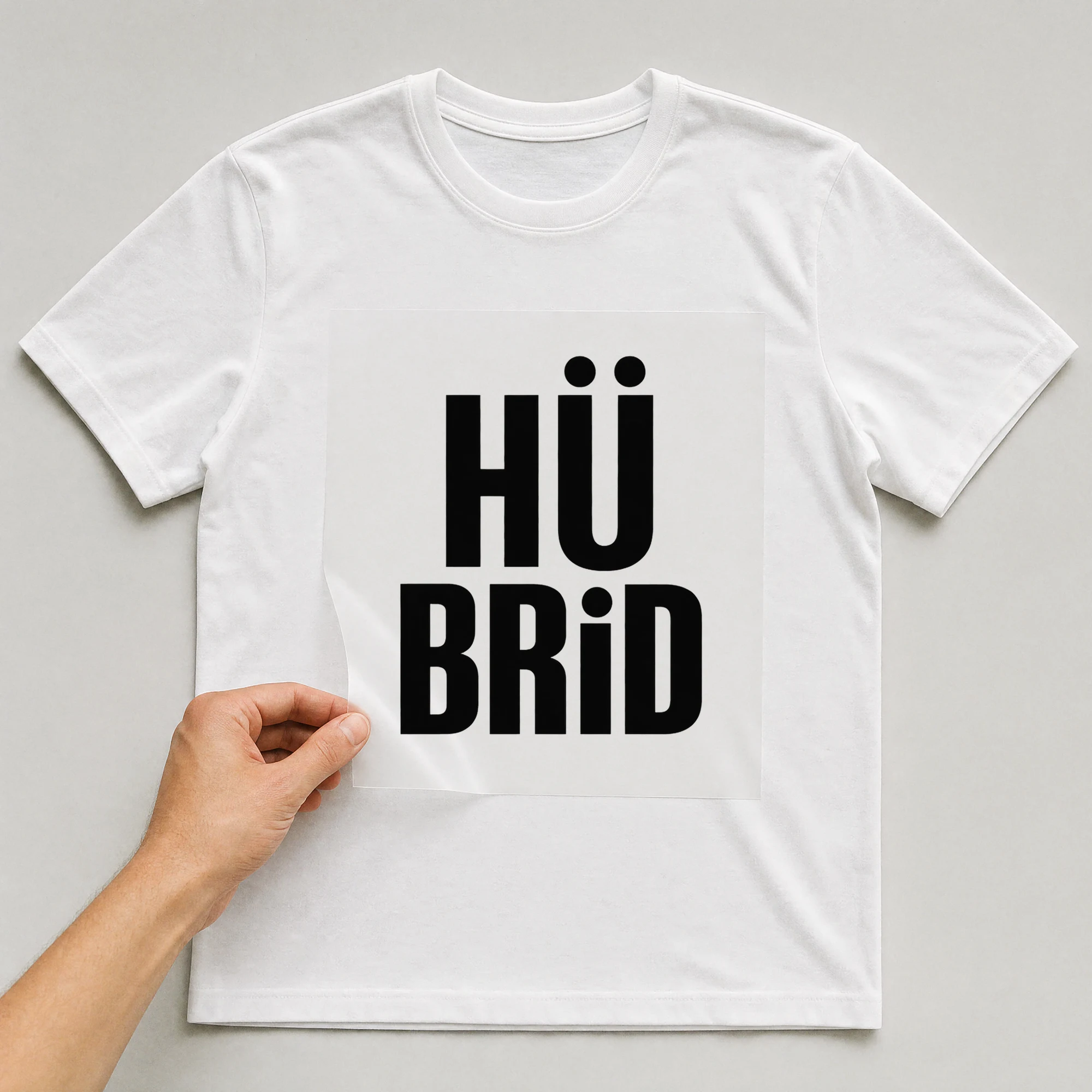 Bügelbild „HÜ BRiD“ auf weißem T-Shirt, Folie wird aufgelegt