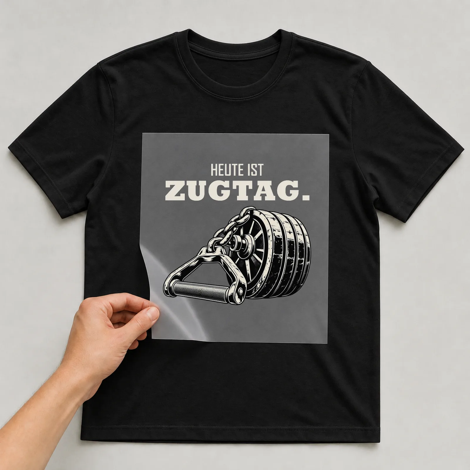 Bügelbild „Heute ist Zugtag“ auf schwarzem T-Shirt, Folie wird aufgelegt