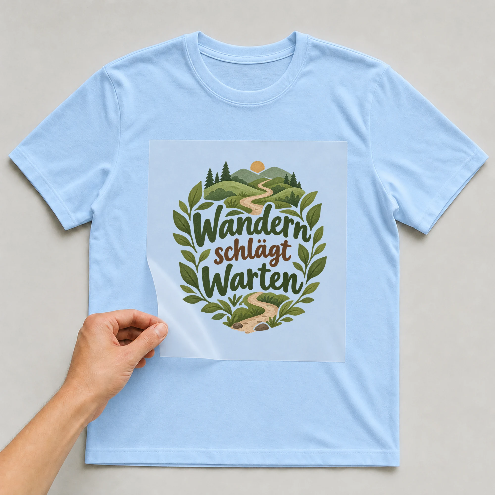 Bügelbild „Wandern schlaegt warten“ auf babyblauem T-Shirt, Folie wird aufgelegt