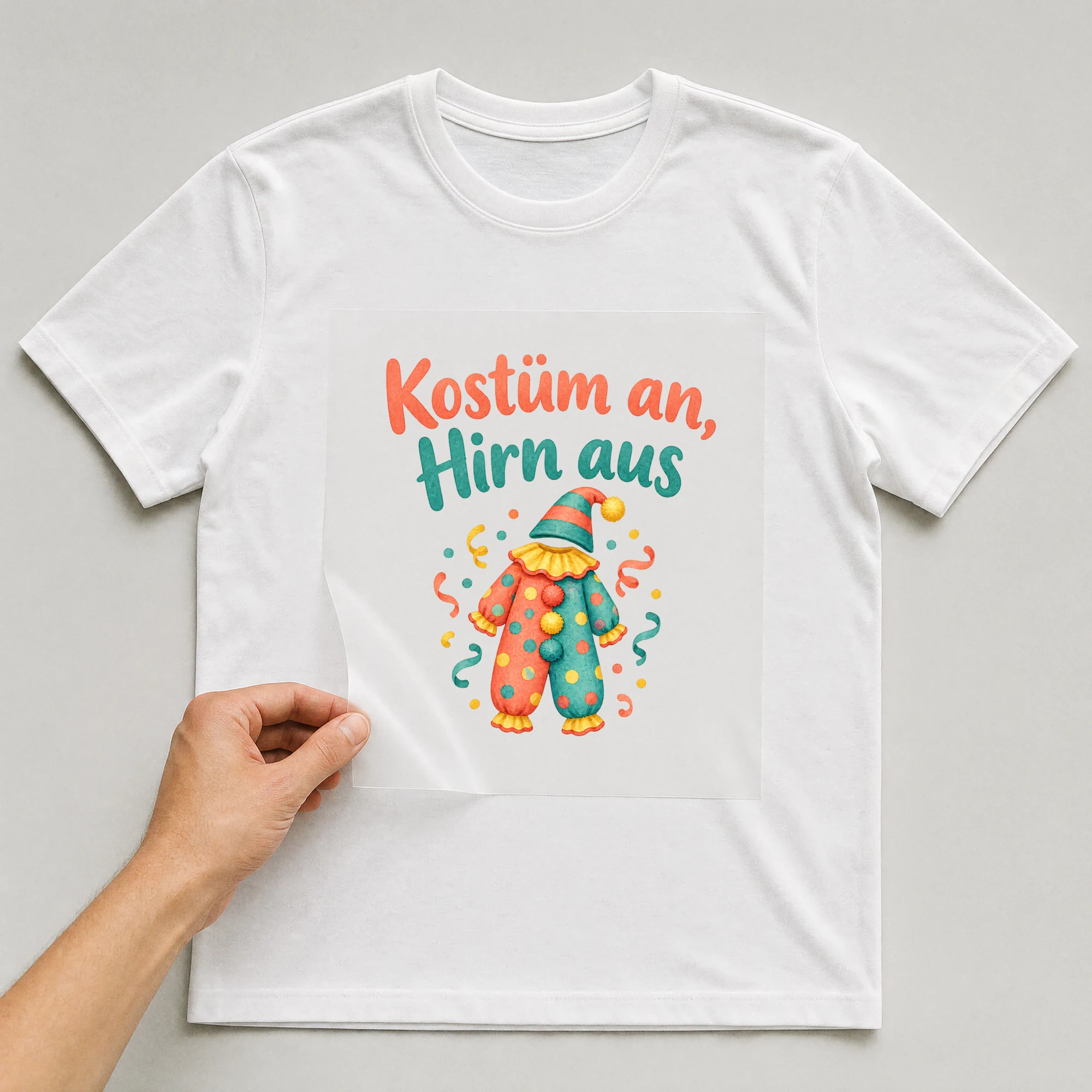 Bügelbild „Kostüm an, Hirn aus“ auf weißem T-Shirt, Folie wird aufgelegt