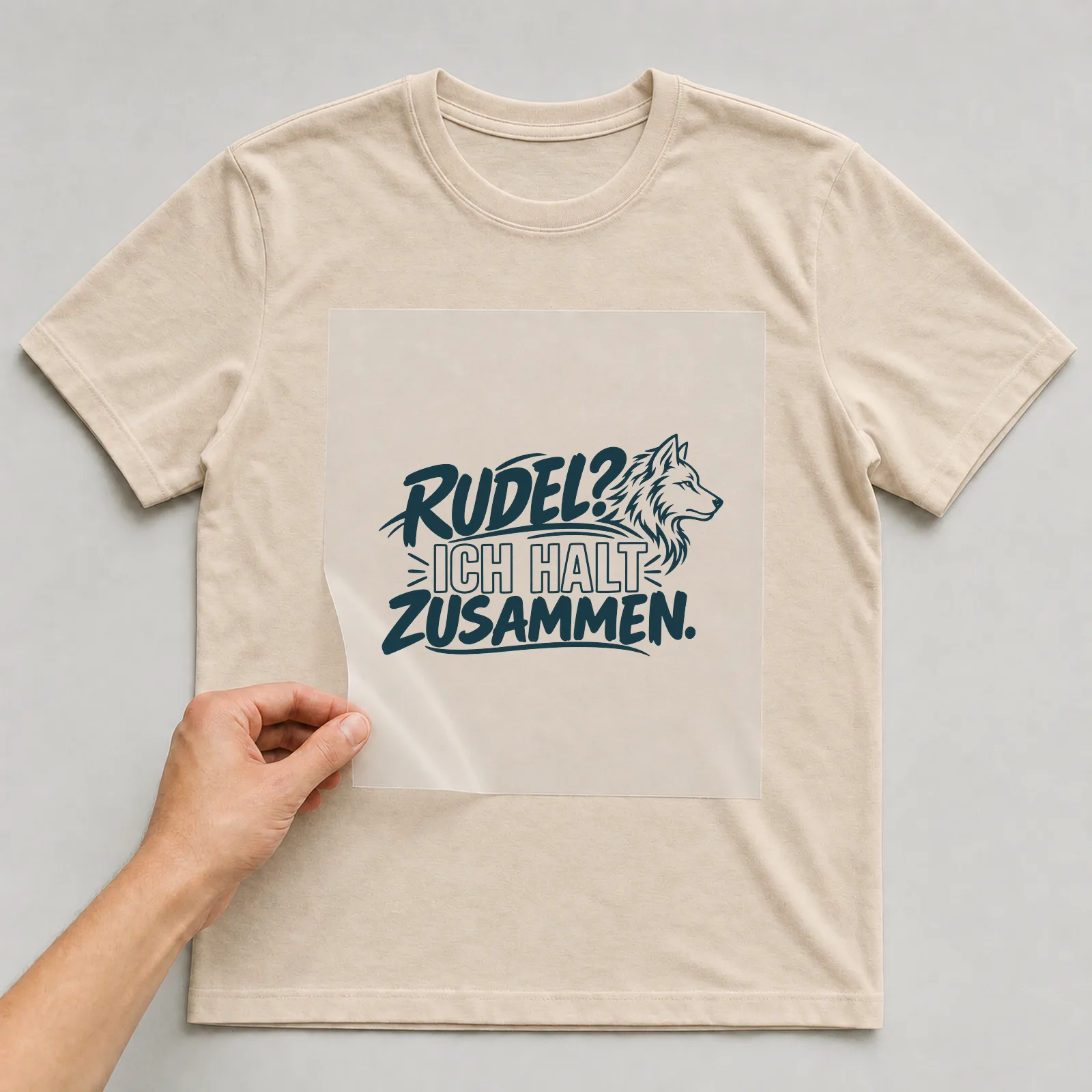 Bügelbild „Rudel? Ich halt Zusammen.“ auf beigem T-Shirt, Folie wird aufgelegt