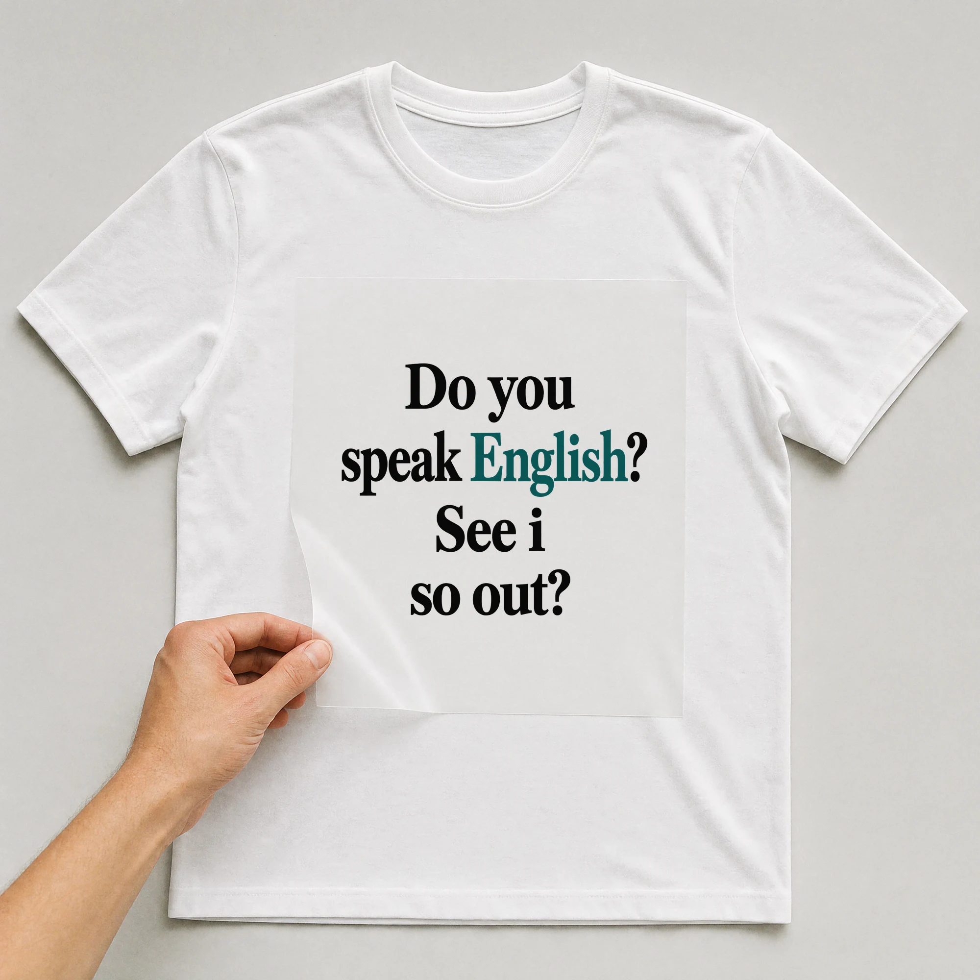 Bügelbild „Do you speak English? See i so out?“ auf weißem T-Shirt, Folie wird aufgelegt