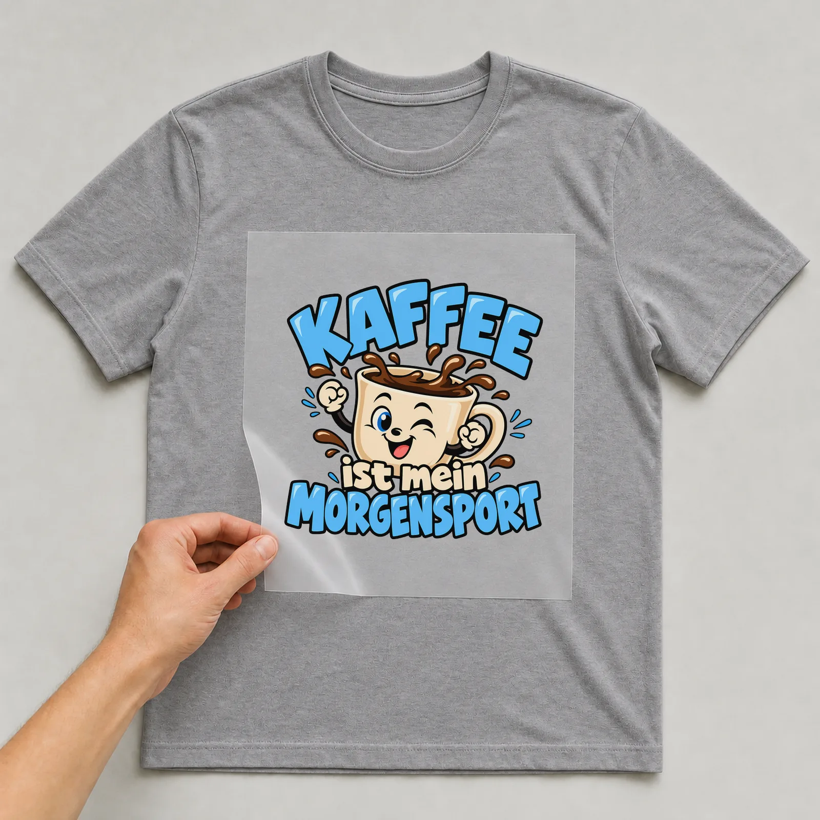 Bügelbild „Kaffee ist mein Morgensport“ auf grauem T-Shirt, Folie wird aufgelegt