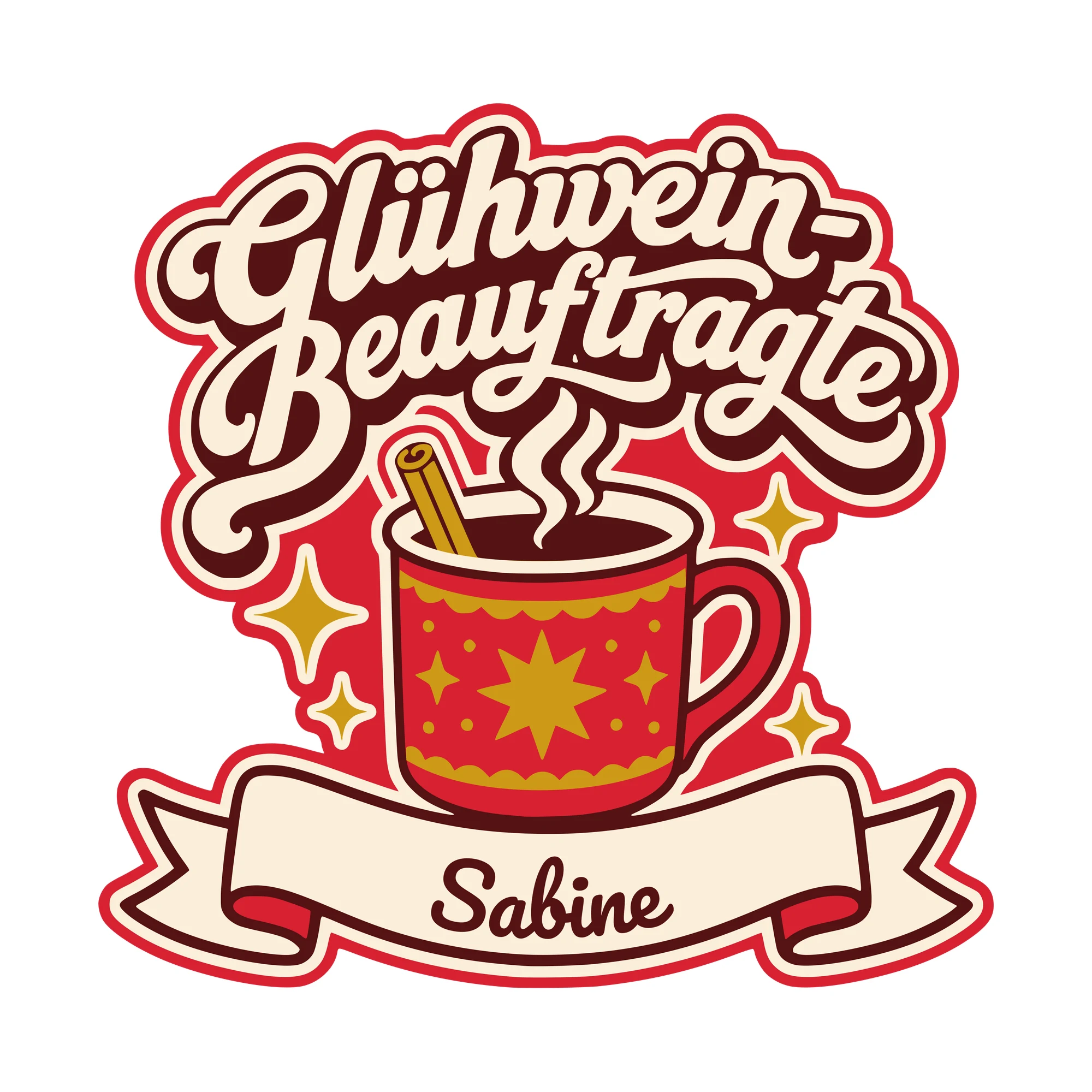 Bügelbild Glühwein-Beauftragte mit Name als Grafik auf weißem Hintergrund (BB010371)
