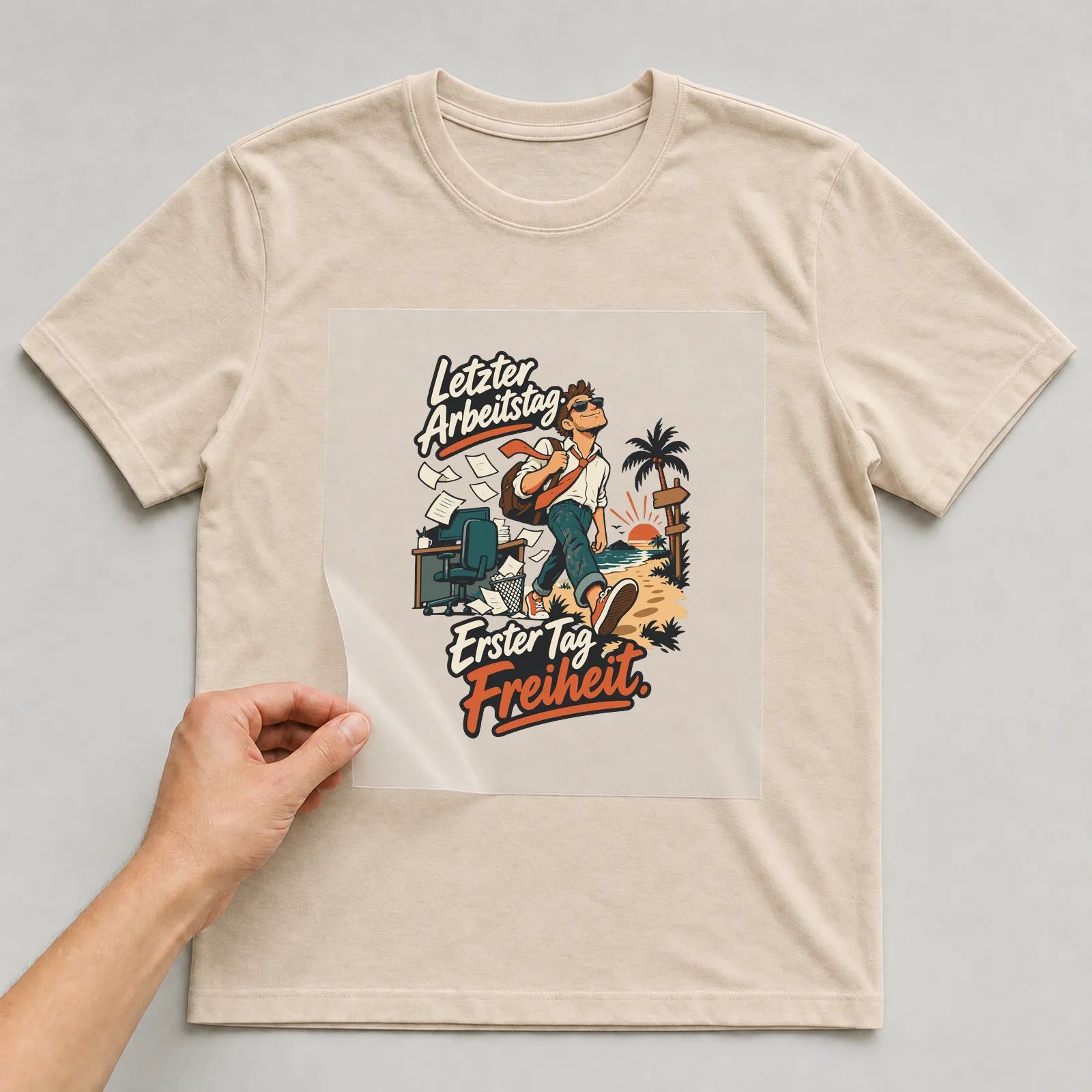 Bügelbild Letzter Arbeitstag. Erster Tag Freiheit. auf beigem T-Shirt, Folie wird aufgelegt