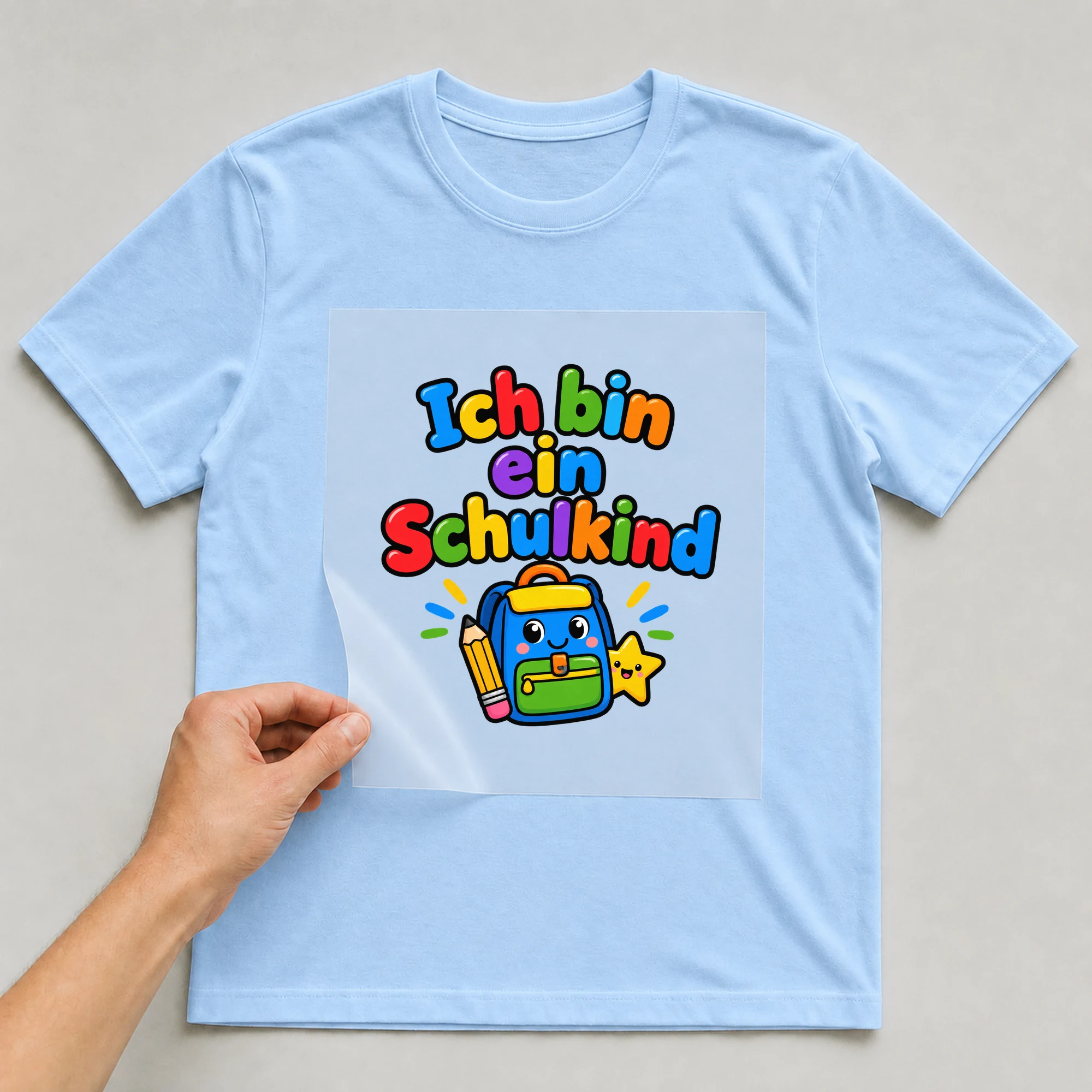 Bügelbild „Ich bin ein schulkind“ auf babyblauem T-Shirt, Folie wird aufgelegt