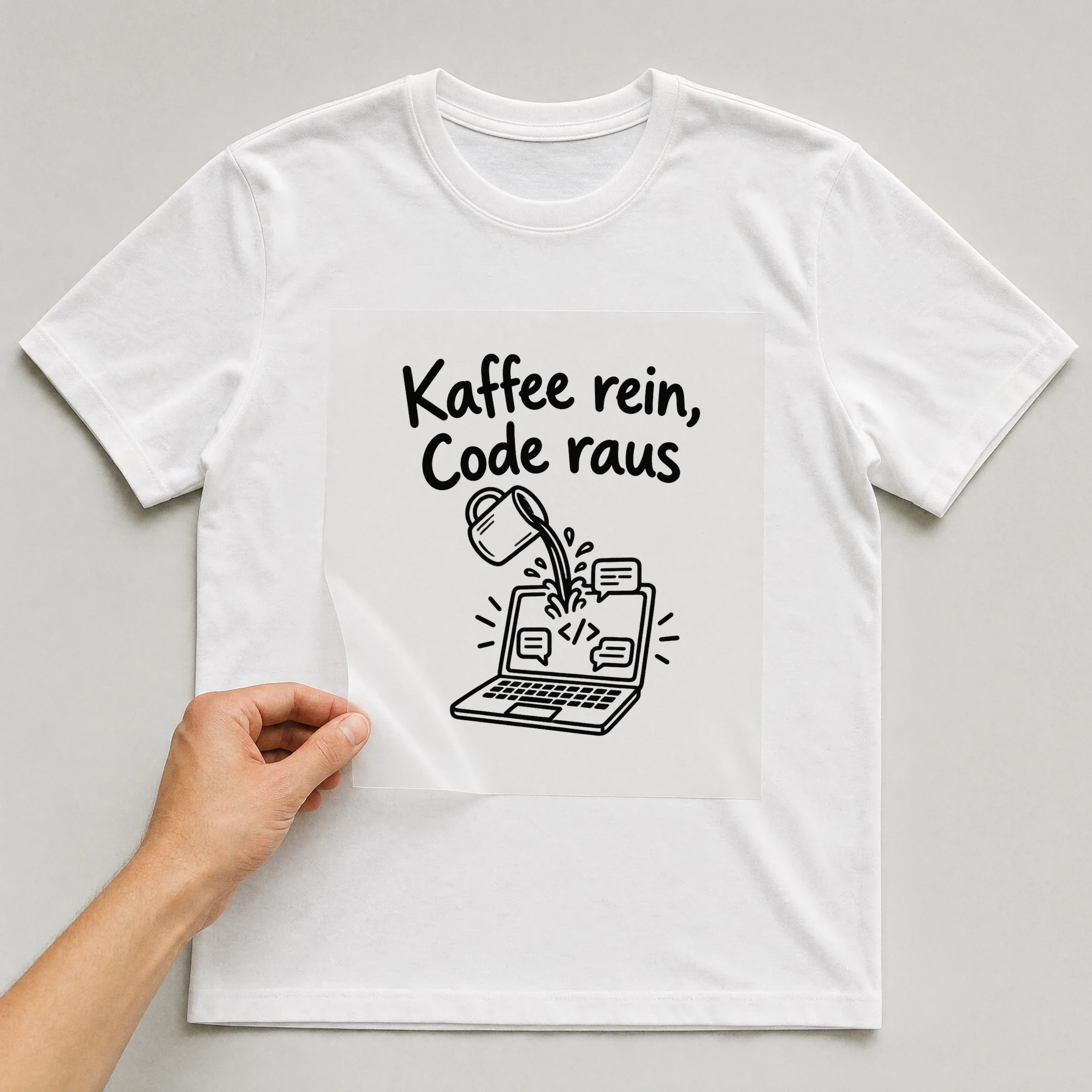 Bügelbild „Kaffee rein, Code raus“ auf weißem T-Shirt, Folie wird aufgelegt