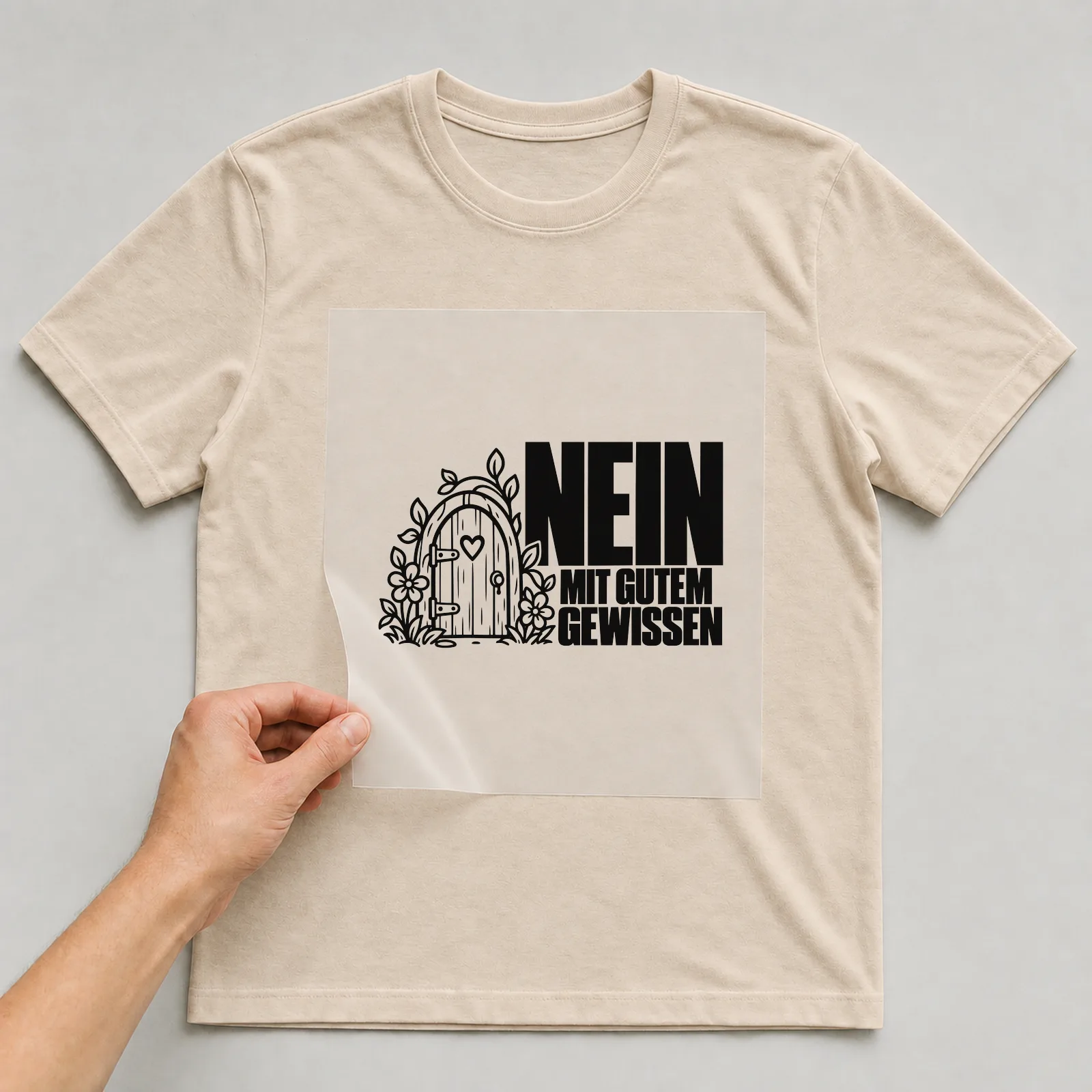 Bügelbild „Nein mit gutem Gewissen“ auf beigem T-Shirt, Folie wird aufgelegt