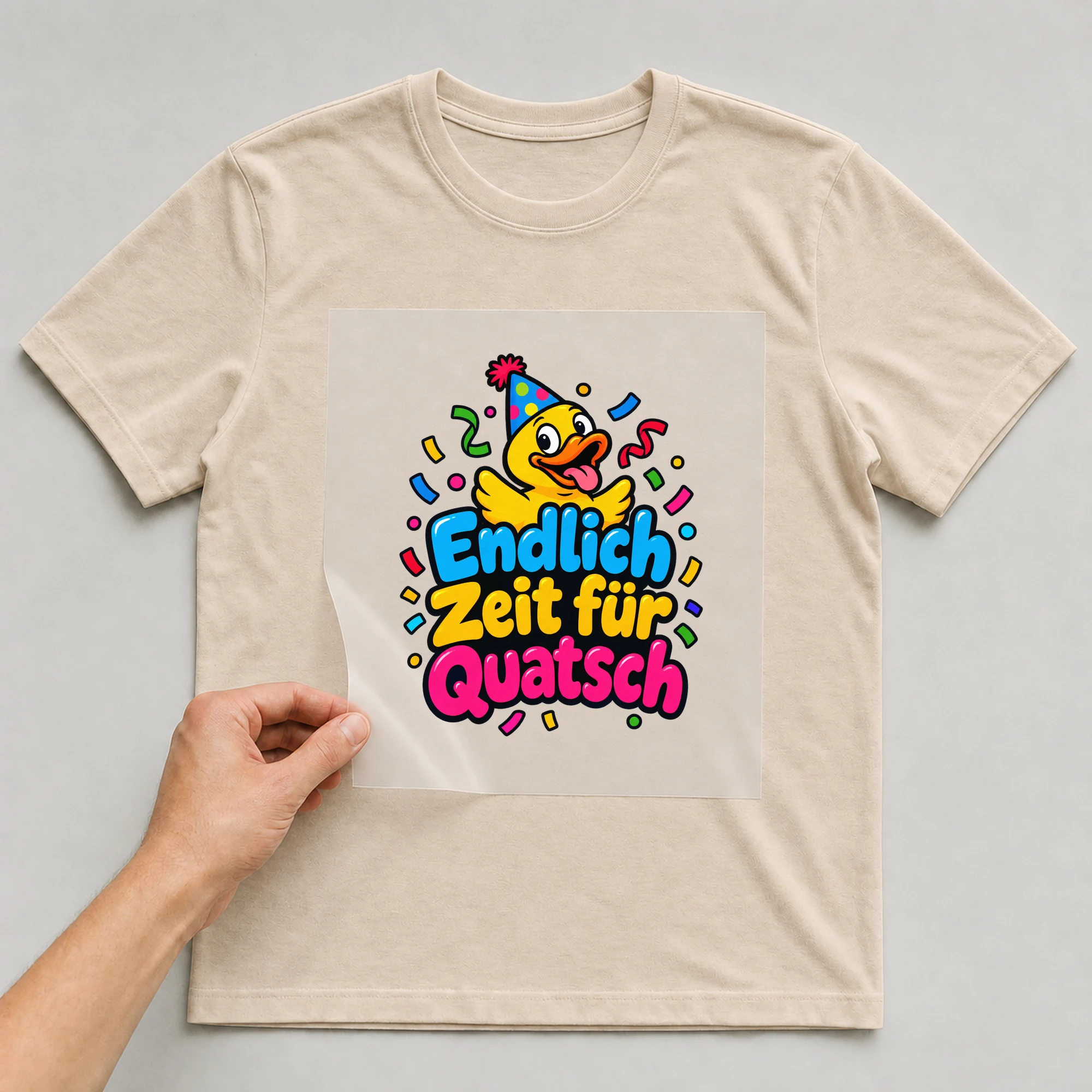 Bügelbild „Endlich Zeit für Quatsch“ auf beigem T-Shirt, Folie wird aufgelegt