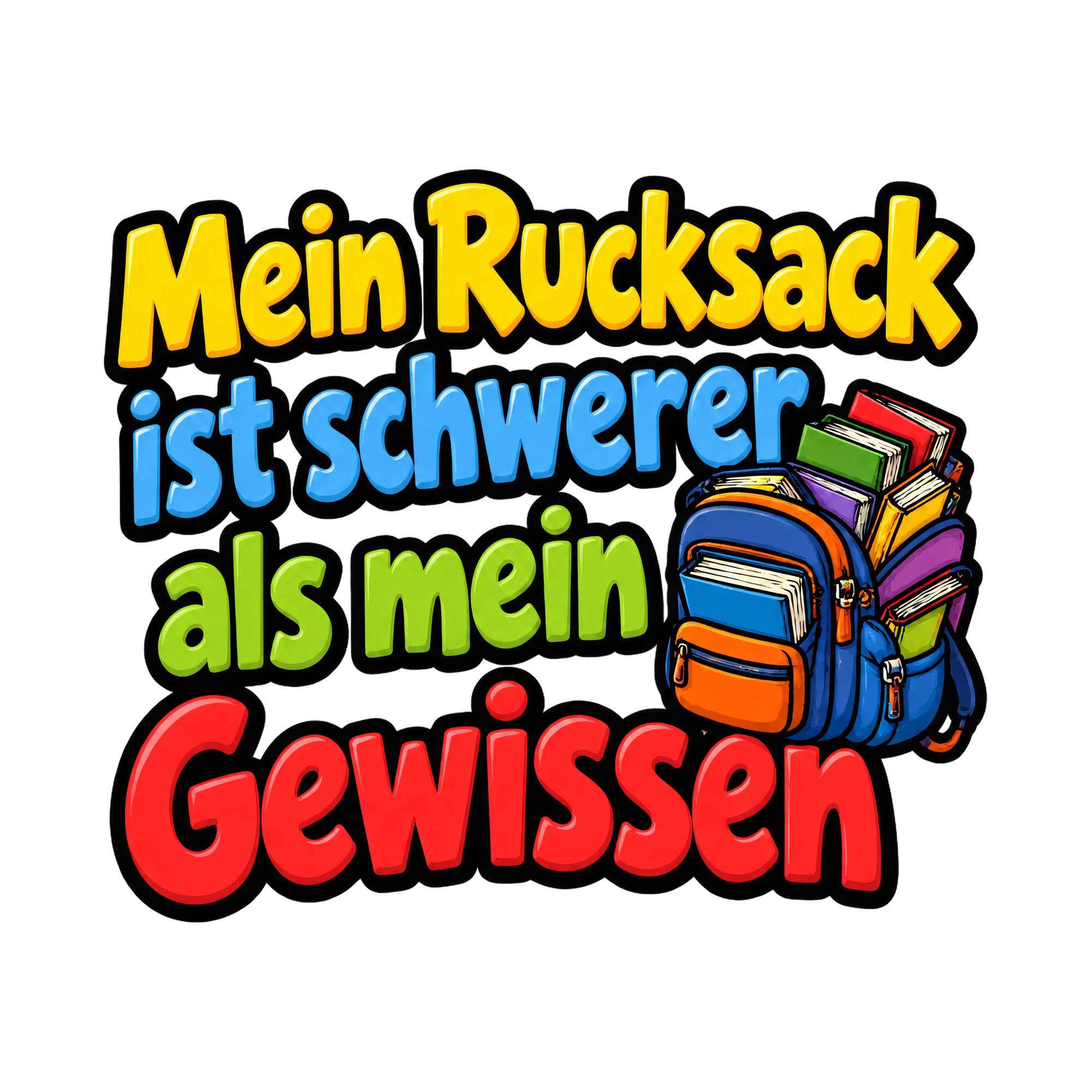 Bügelbild Mein Rucksack ist schwerer als mein Gewissen, Lustiger Shirt Spruch als Grafik auf weißem Hintergrund (BB016773)