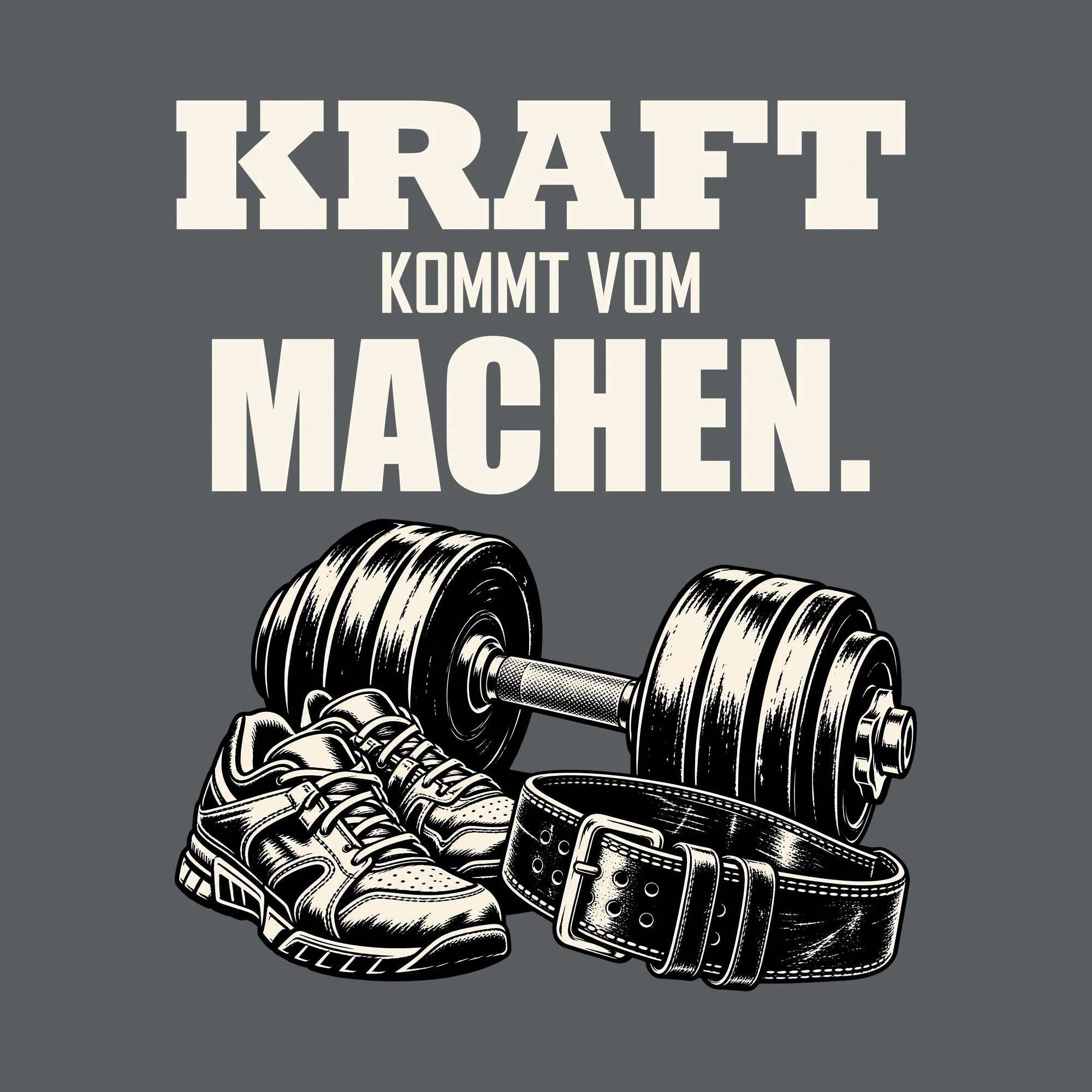 Bügelbild KRAFT KOMMT VOM MACHEN. als Grafik auf dunklem Hintergrund (BB013722)