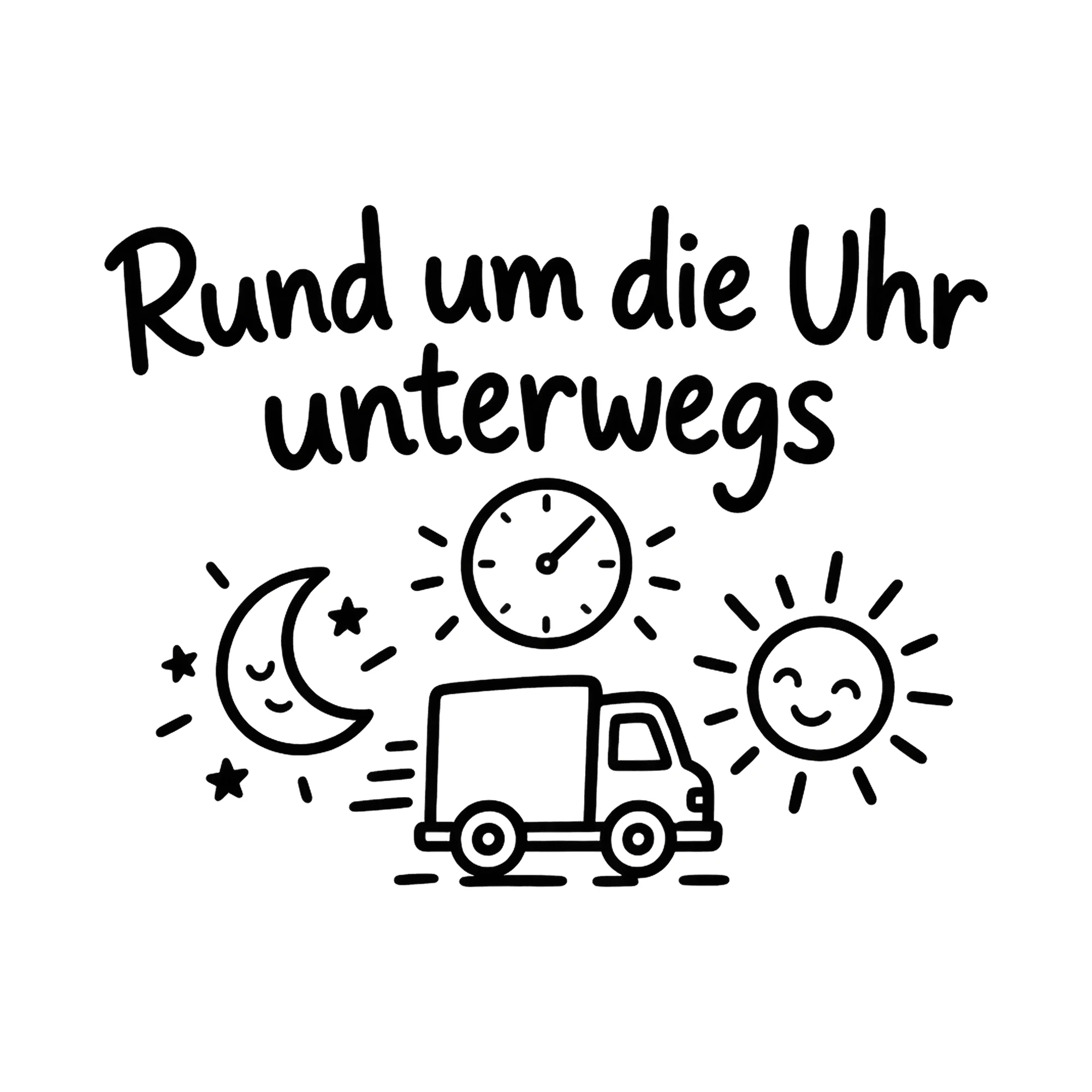 Bügelbild Rund um die Uhr unterwegs als Grafik auf weißem Hintergrund (BB020297)