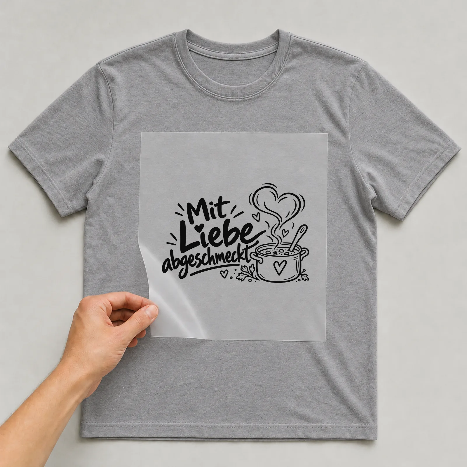 Bügelbild „Mit Liebe abgeschmeckt“ auf grauem T-Shirt, Folie wird aufgelegt