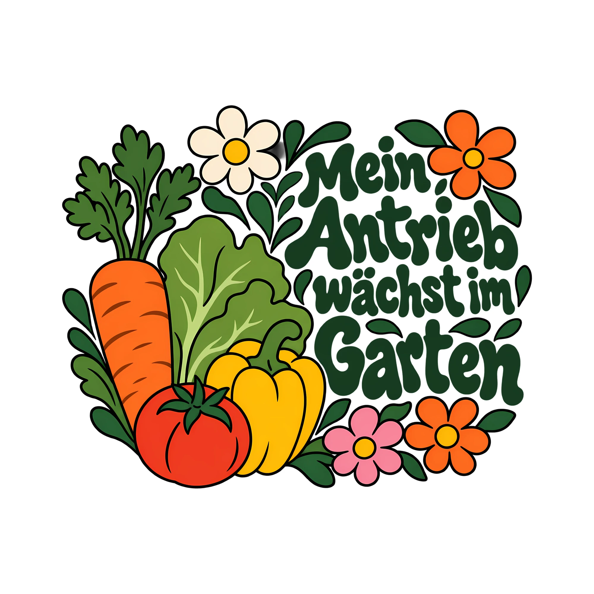 Bügelbild Mein Antrieb wächst im Garten als Grafik auf weißem Hintergrund (BB013283)