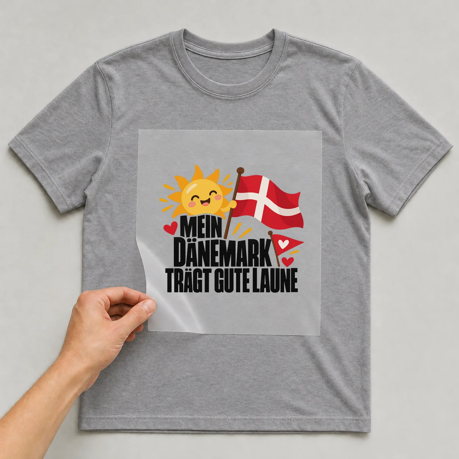 Bügelbild „Mein Dänemark trägt gute Laune“ auf grauem T-Shirt, Folie wird aufgelegt