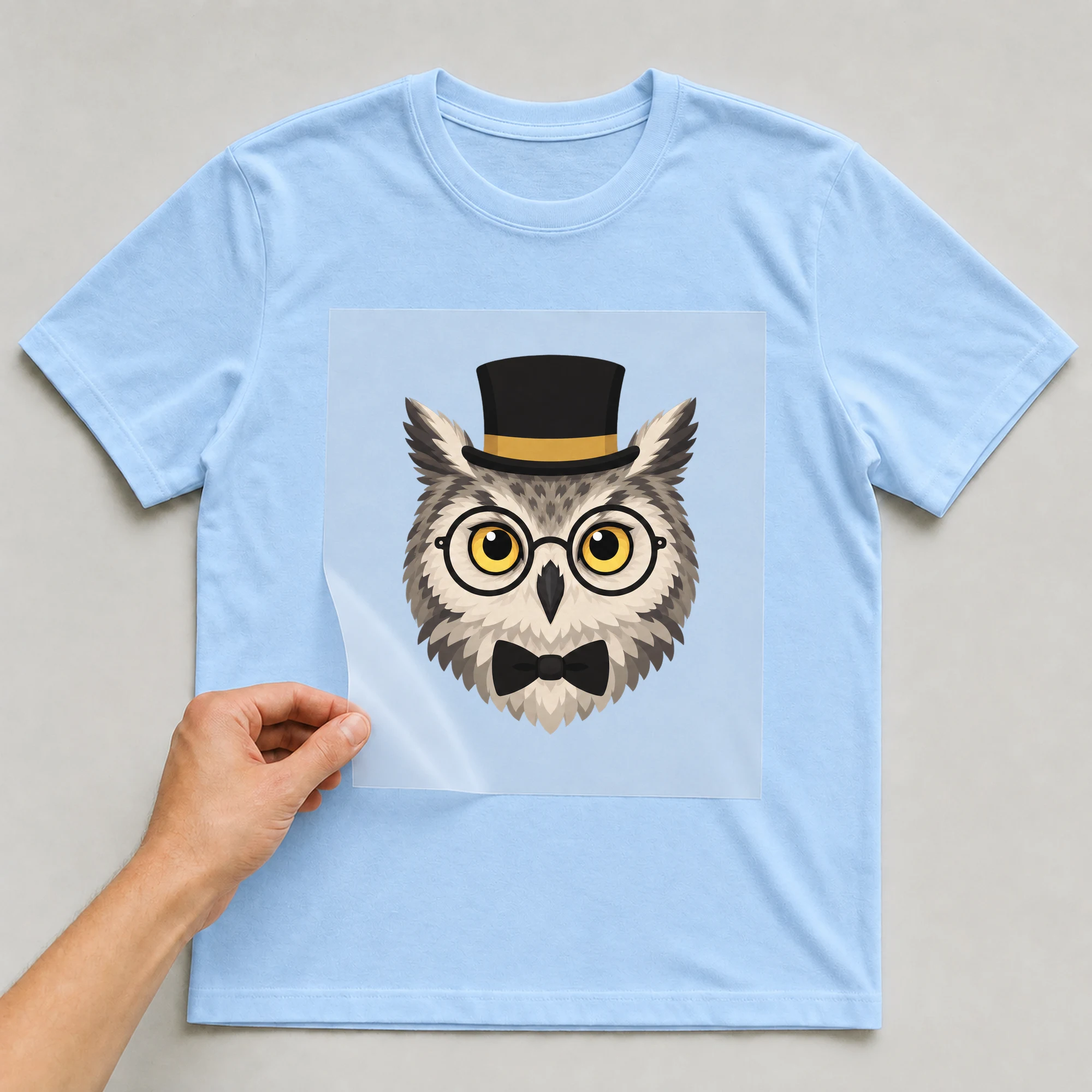 Bügelbild „BB021072-motiv-r03206“ auf babyblauem T-Shirt, Folie wird aufgelegt