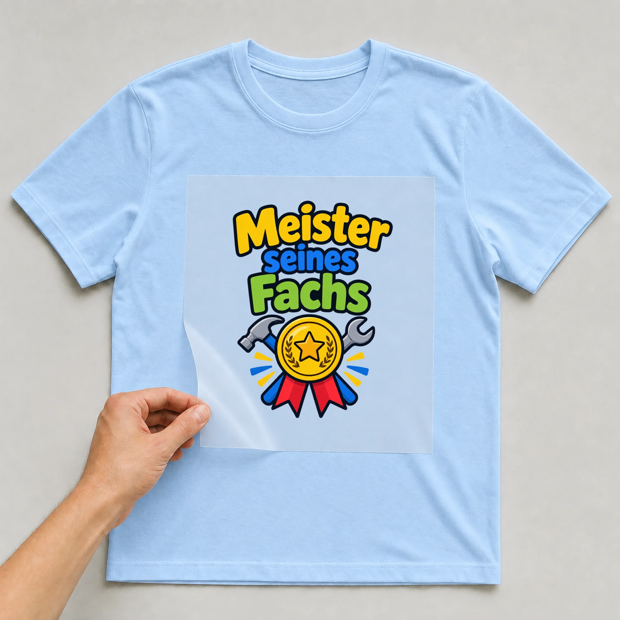 Bügelbild „Meister seines Fachs“ auf babyblauem T-Shirt, Folie wird aufgelegt