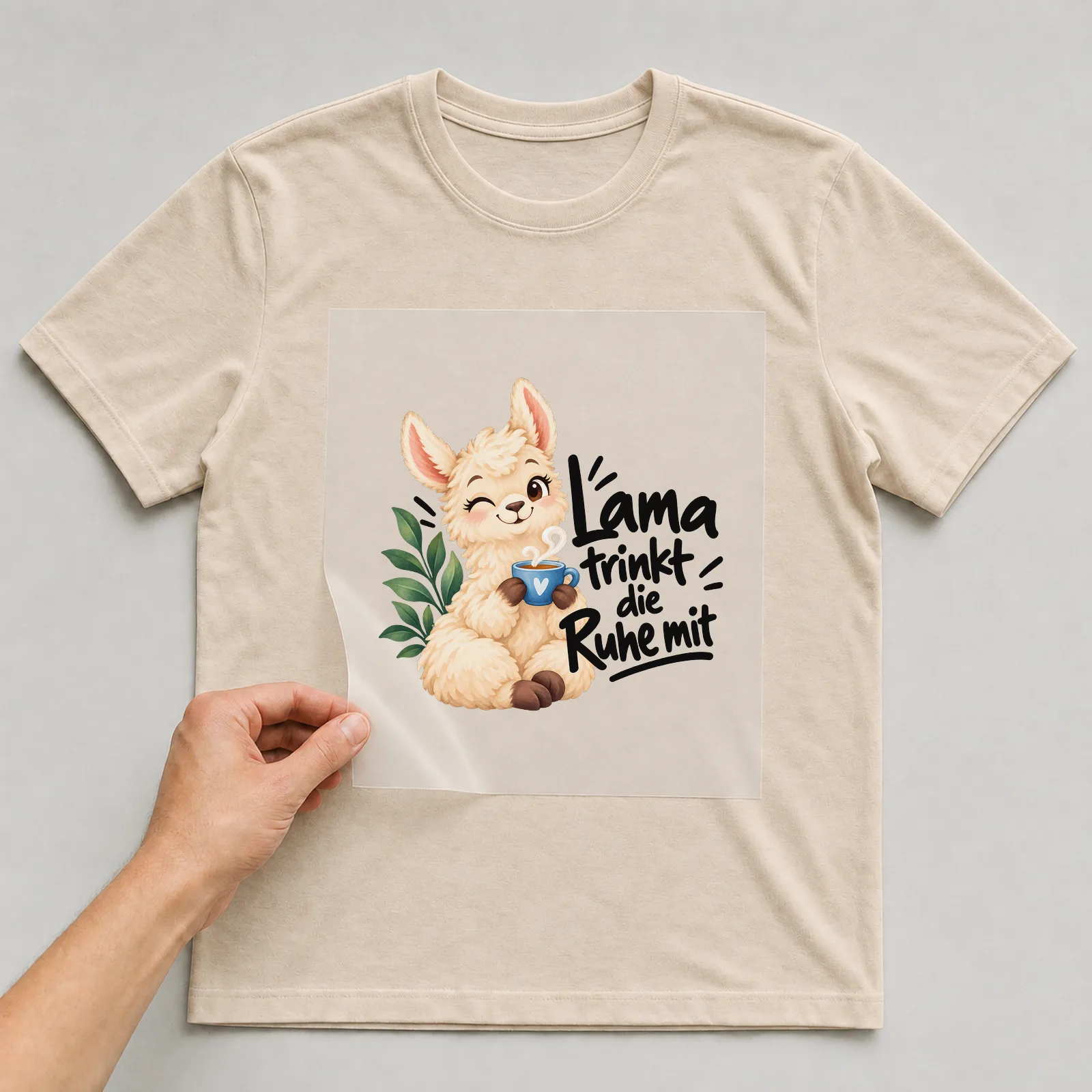 Bügelbild „Lama trinkt die Ruhe mit“ auf beigem T-Shirt, Folie wird aufgelegt