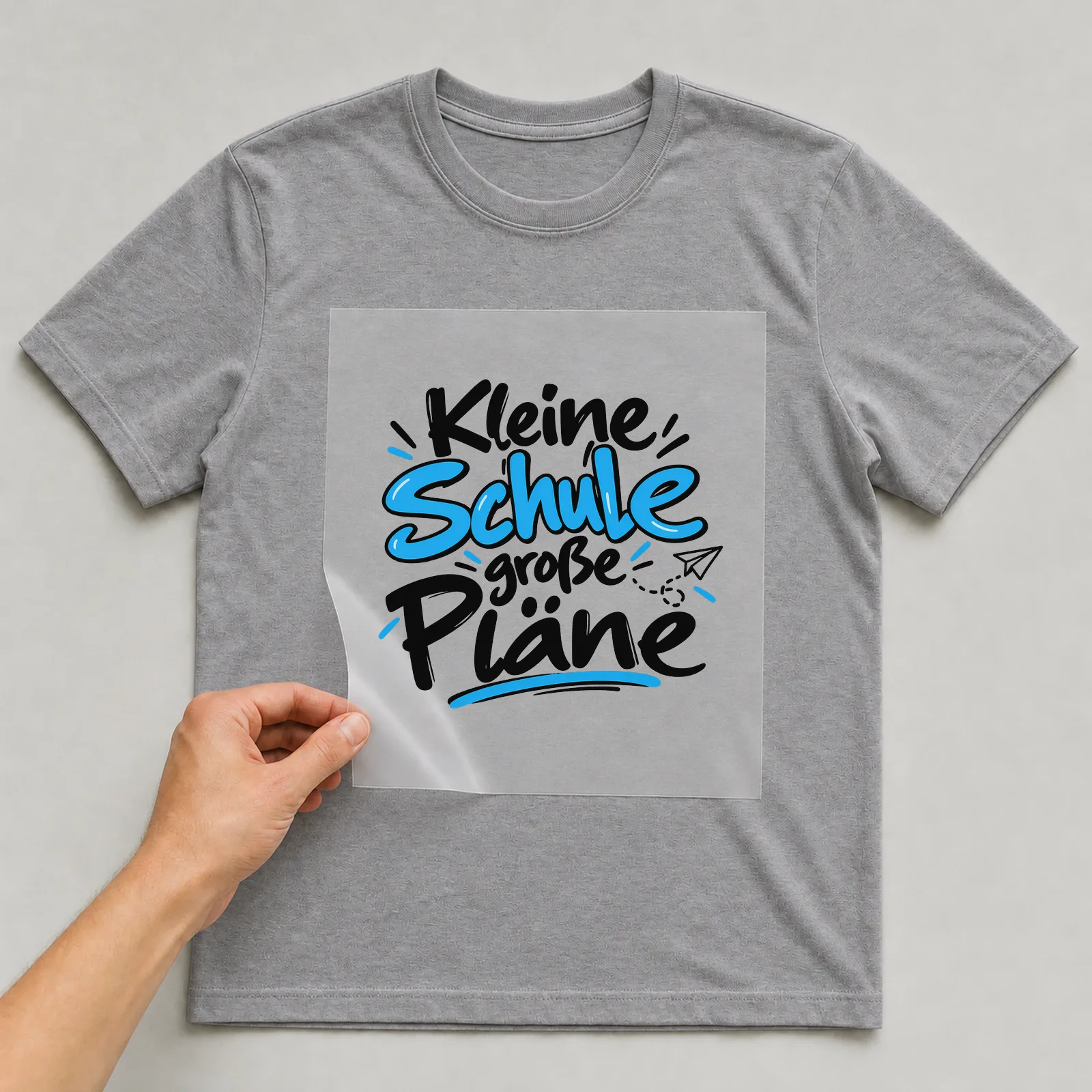 Bügelbild „Kleine Schule große Pläne“ auf grauem T-Shirt, Folie wird aufgelegt