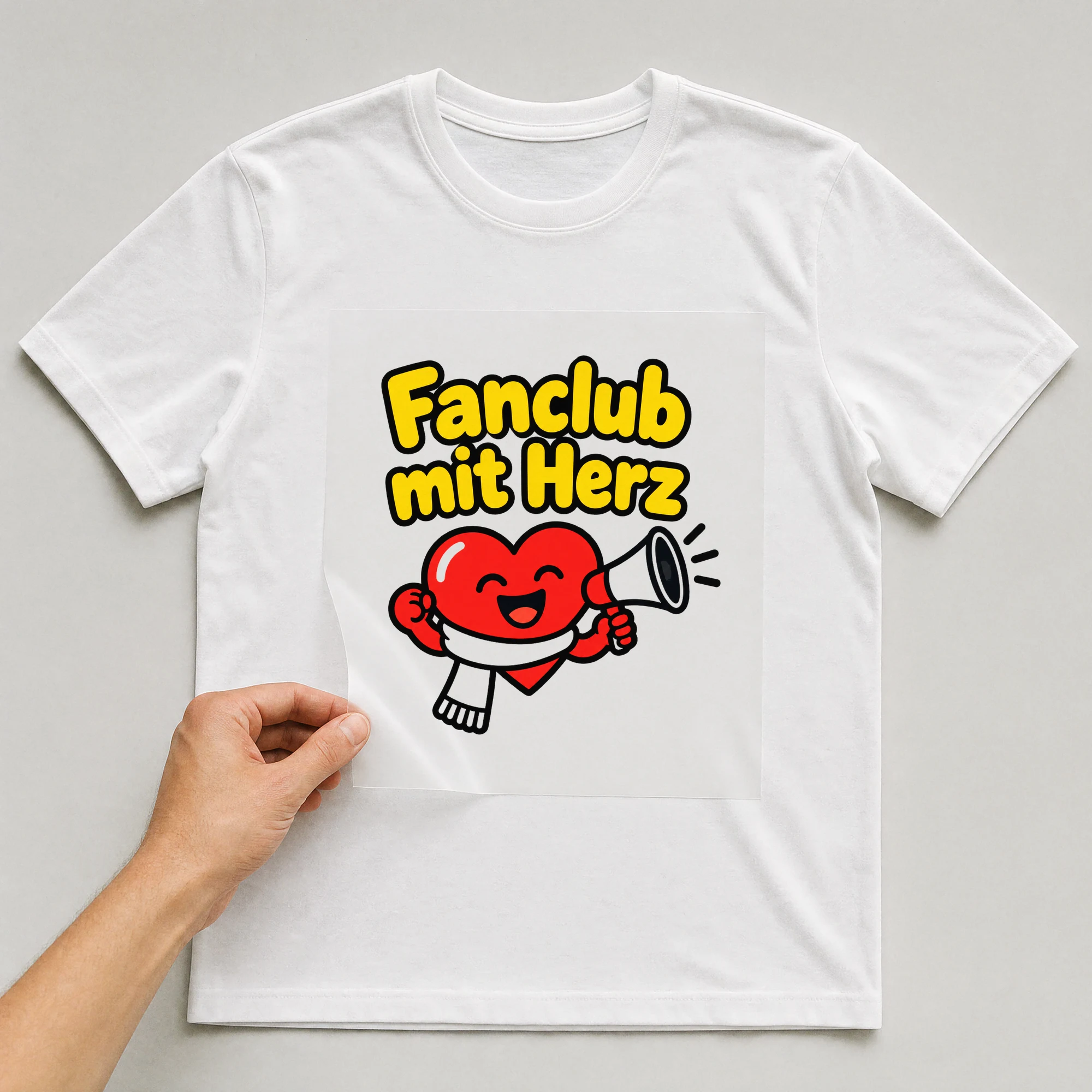 Bügelbild „Fanclub mit Herz“ auf weißem T-Shirt, Folie wird aufgelegt