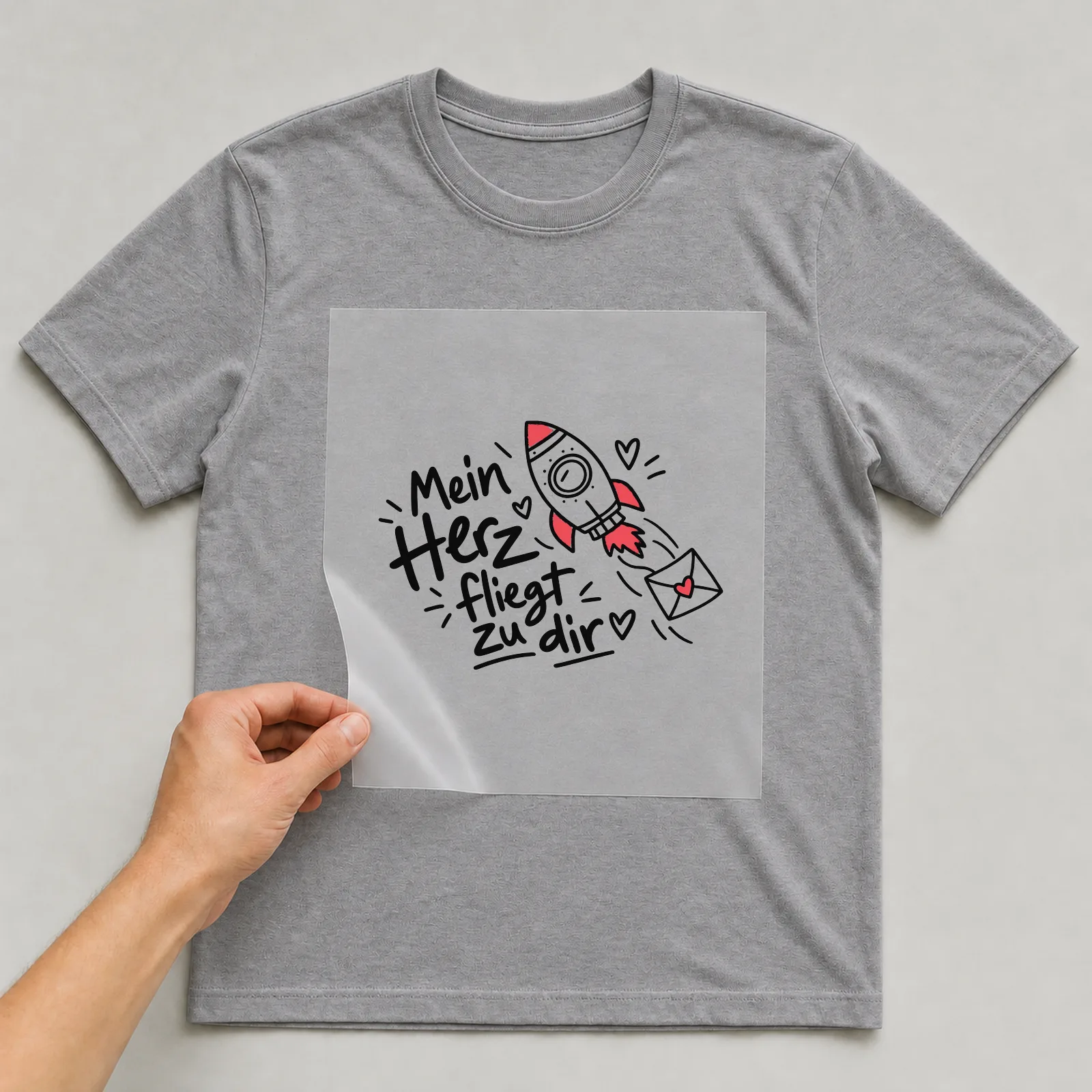 Bügelbild „Mein Herz fliegt zu dir“ auf grauem T-Shirt, Folie wird aufgelegt